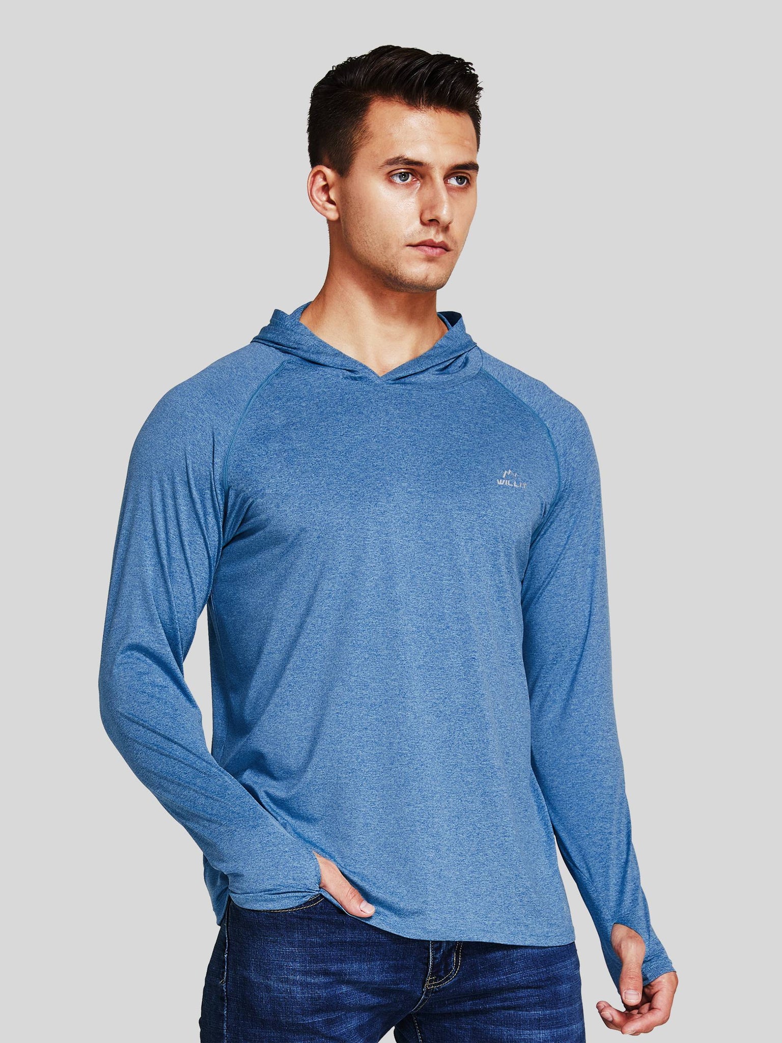 Willit Men's Sun Protection Long Sleeve Hooded Shirts in Blue