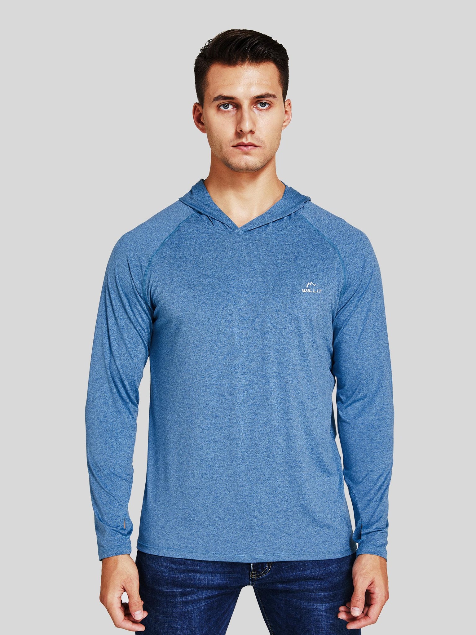 Willit Men's Sun Protection Long Sleeve Hooded Shirts in Blue
