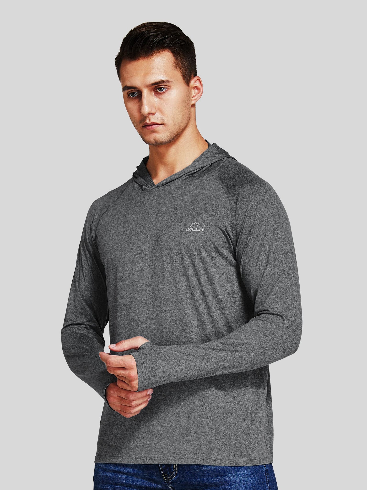 Willit Men's Sun Protection Long Sleeve Hooded Shirts in deep gray