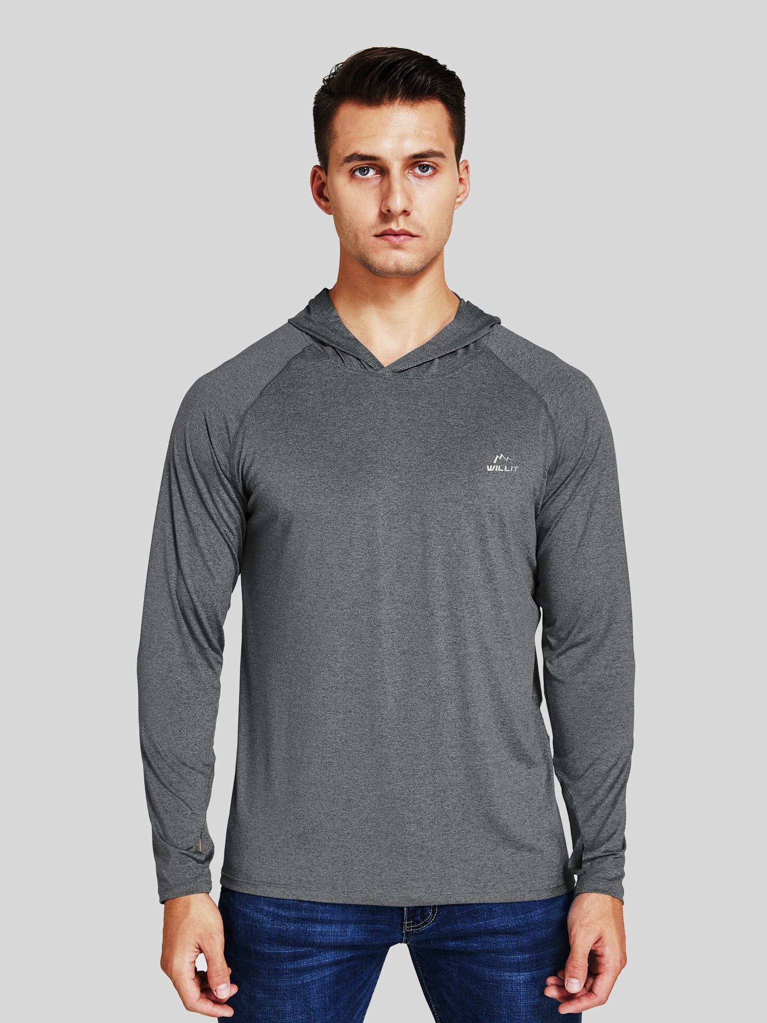 Willit Men's Sun Protection Long Sleeve Hooded Shirts in deep gray