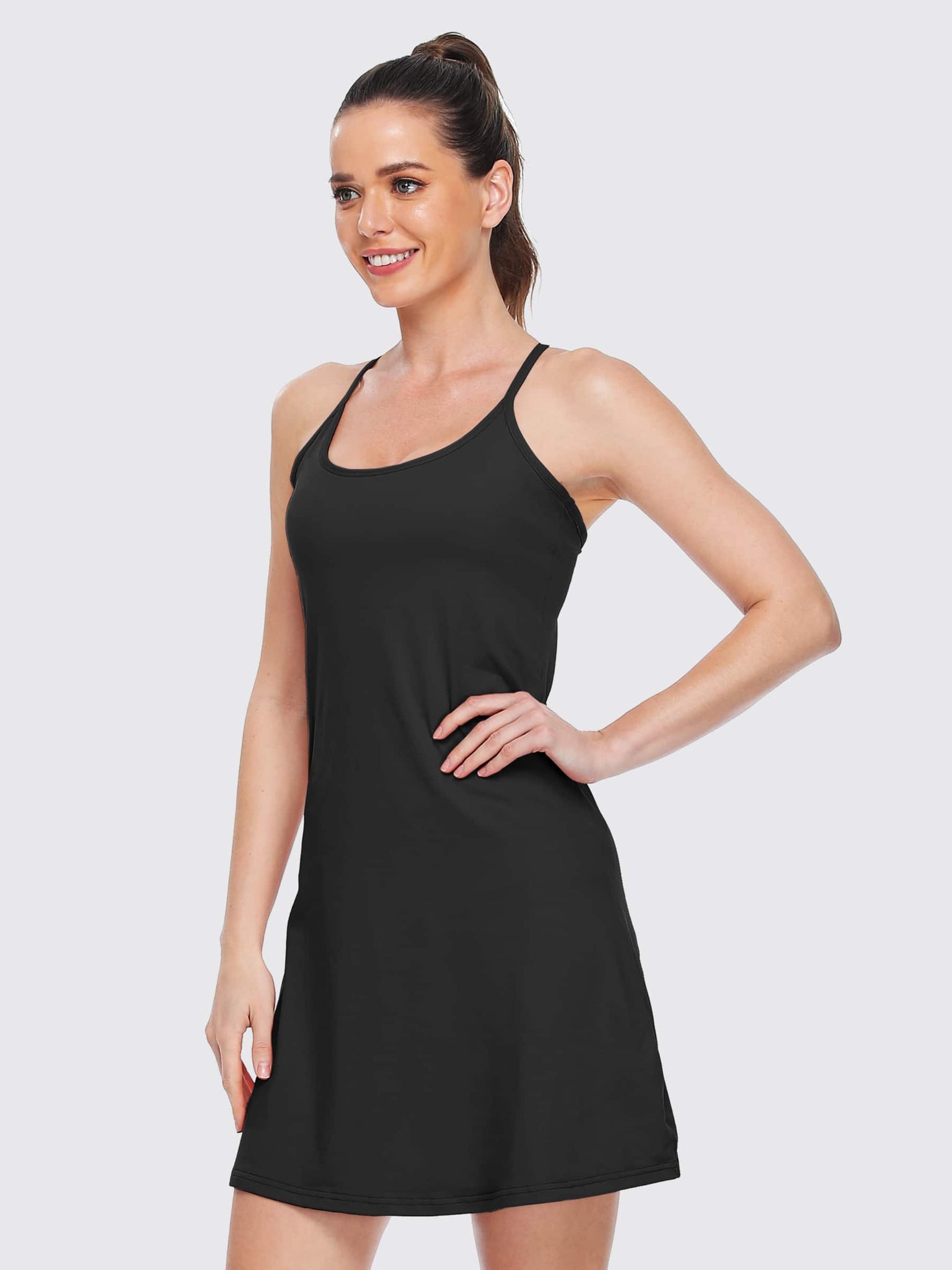 Women's Exercise Dress with Detachable Shorts_black_model4