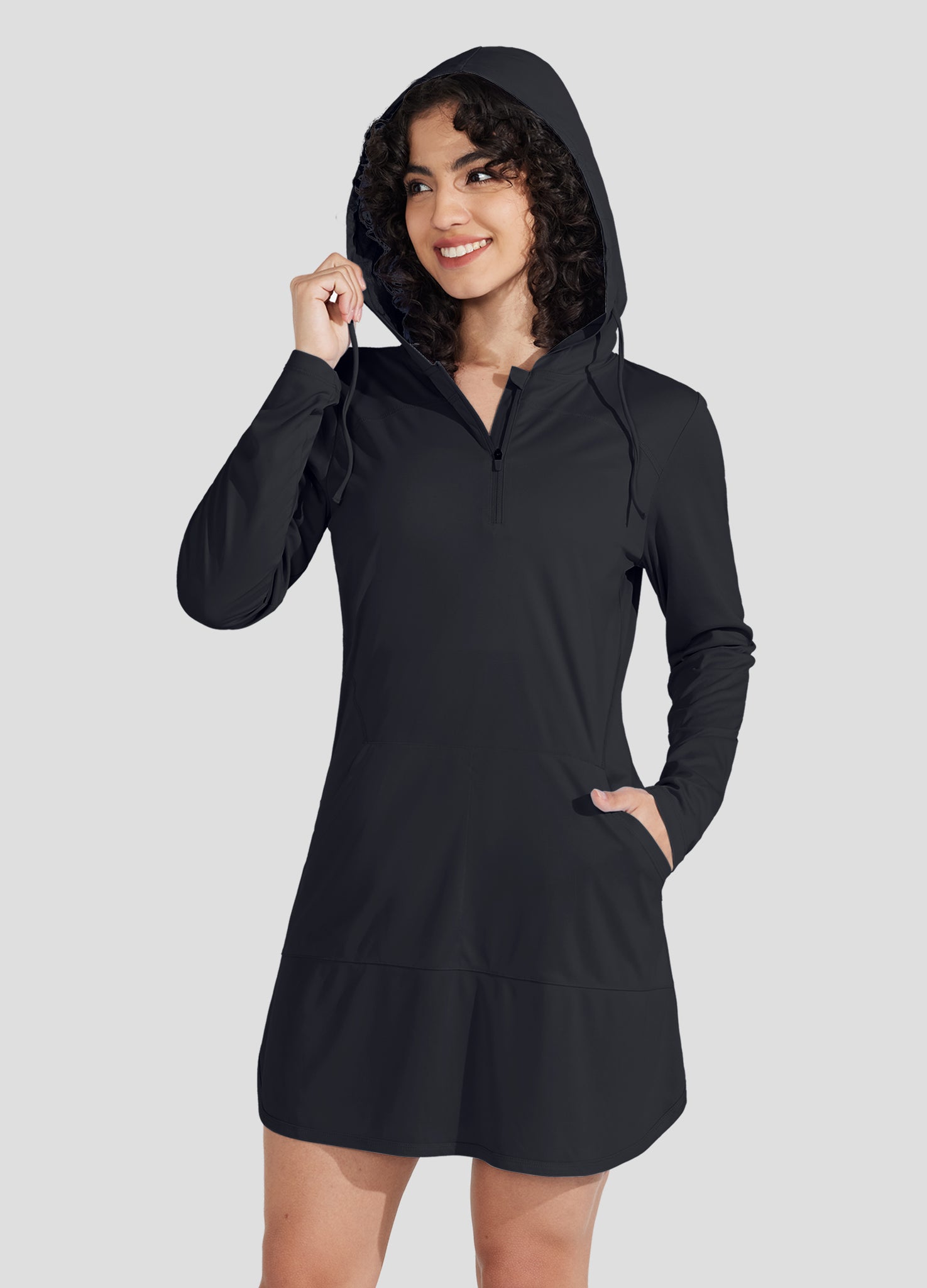 Willit Women's Beach Hooded Cover-Up Dress in black