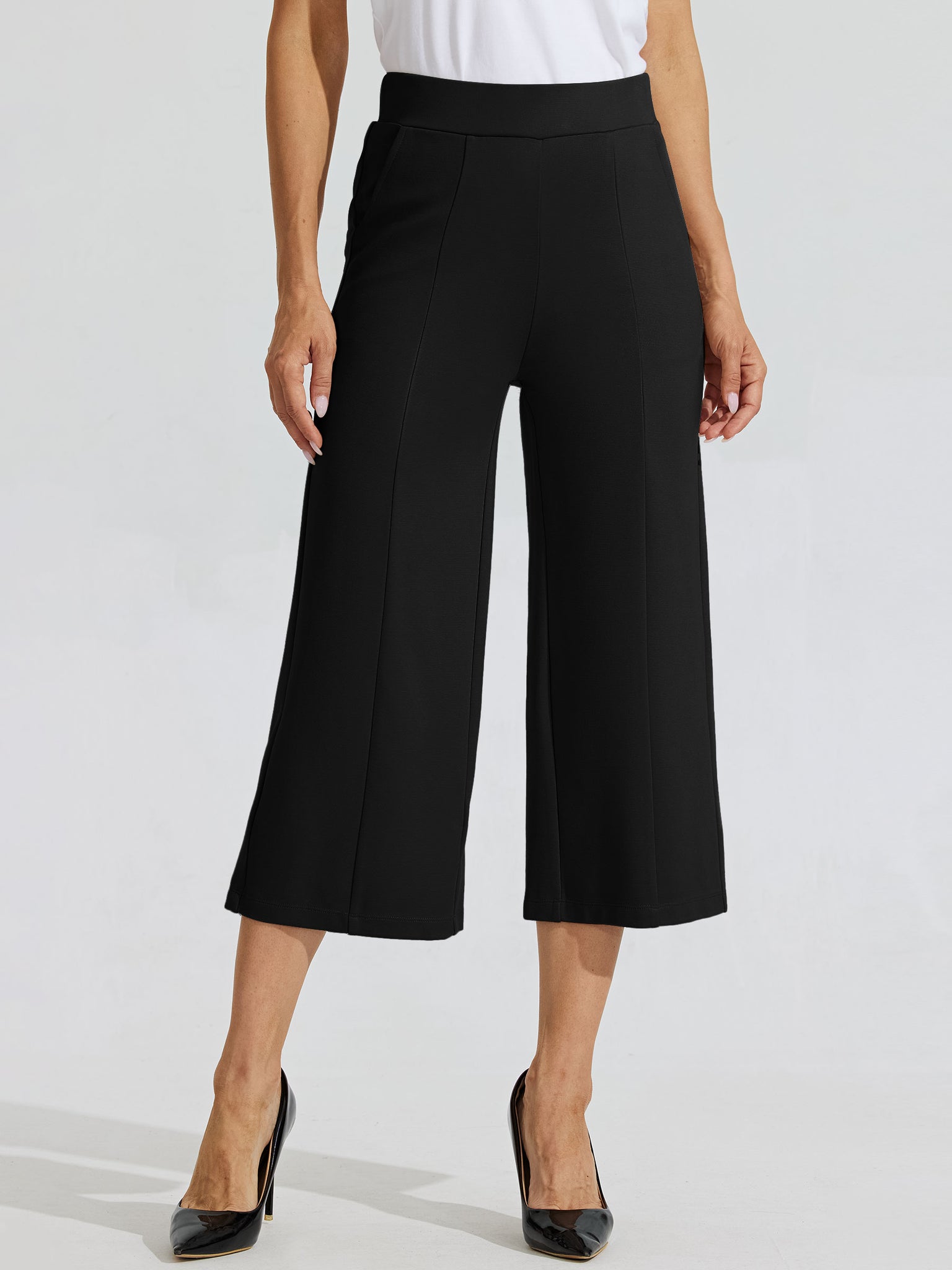 Women's Stretch Capri Wide-Leg Dress Pants_Black_model1