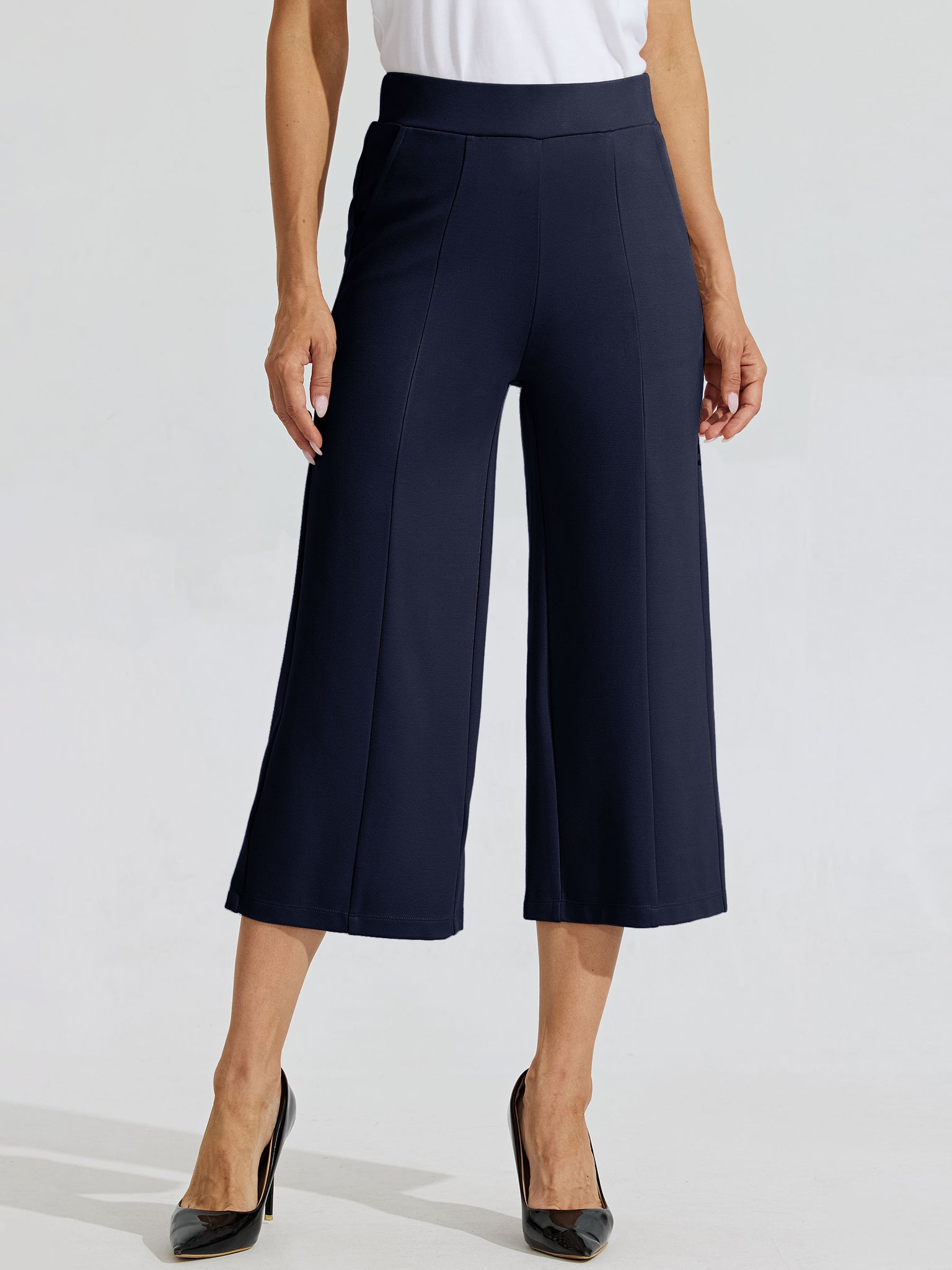 Women's Stretch Capri Wide-Leg Dress Pants_Navy_model1