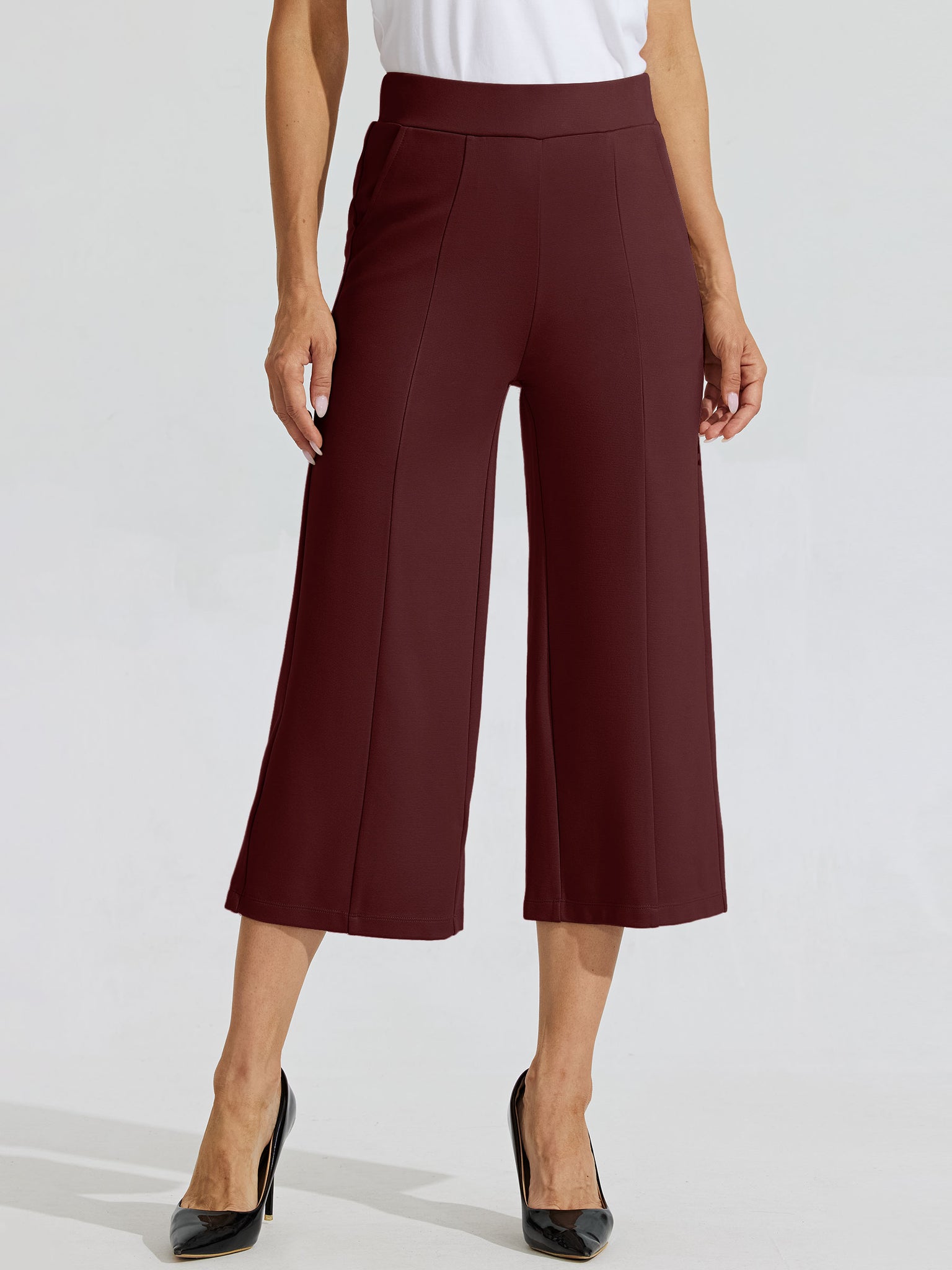 Women's Stretch Capri Wide-Leg Dress Pants_Wine_model1