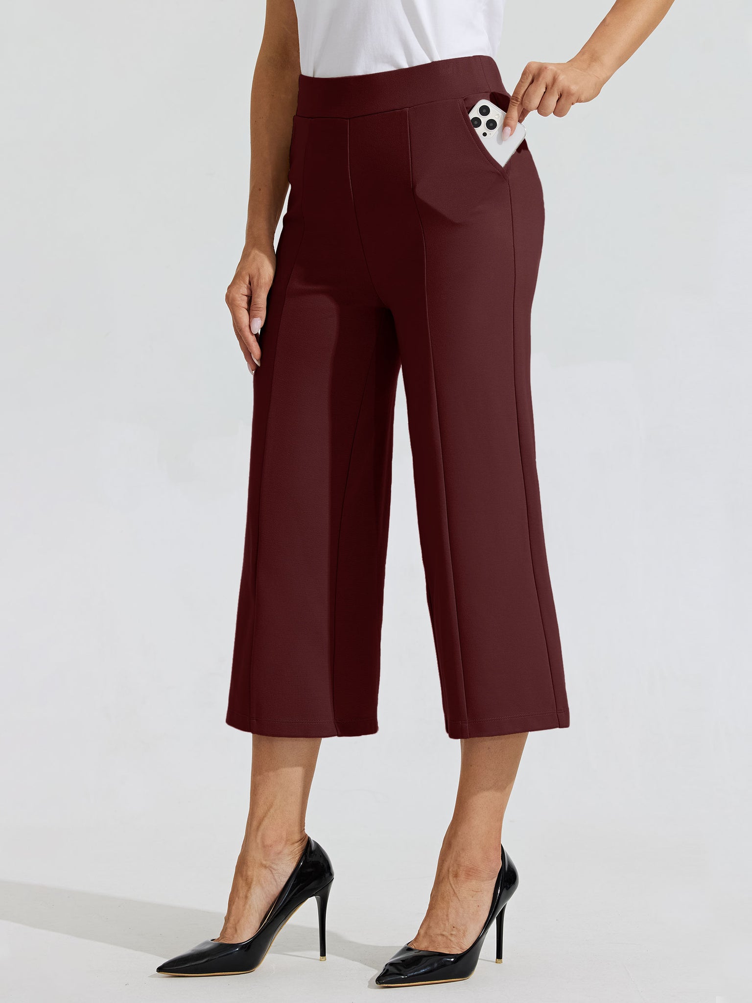 Women's Stretch Capri Wide-Leg Dress Pants_Wine_model2