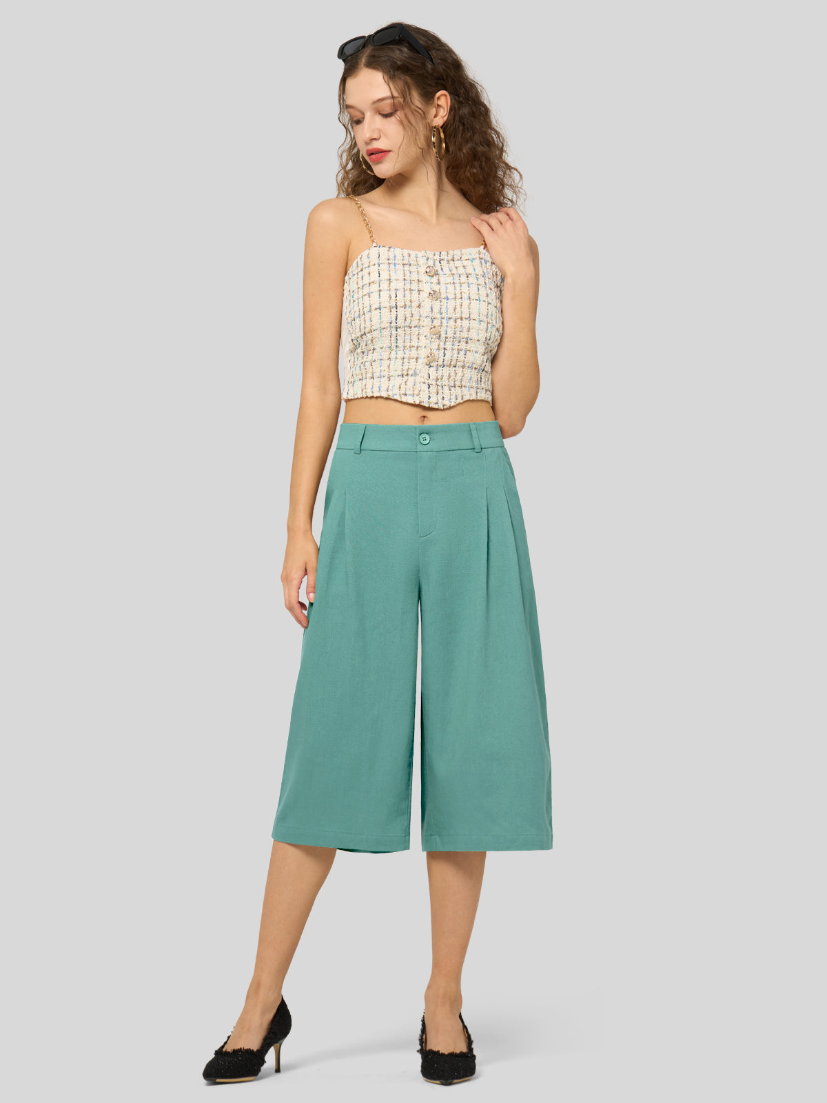 Willit Women's Cotton Linen Pleated Capri 16 Inch_lake green