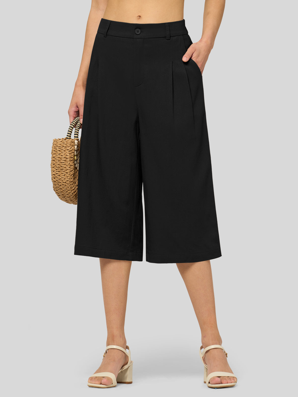 Willit Women's Cotton Linen Pleated Capri 16 Inch_balck