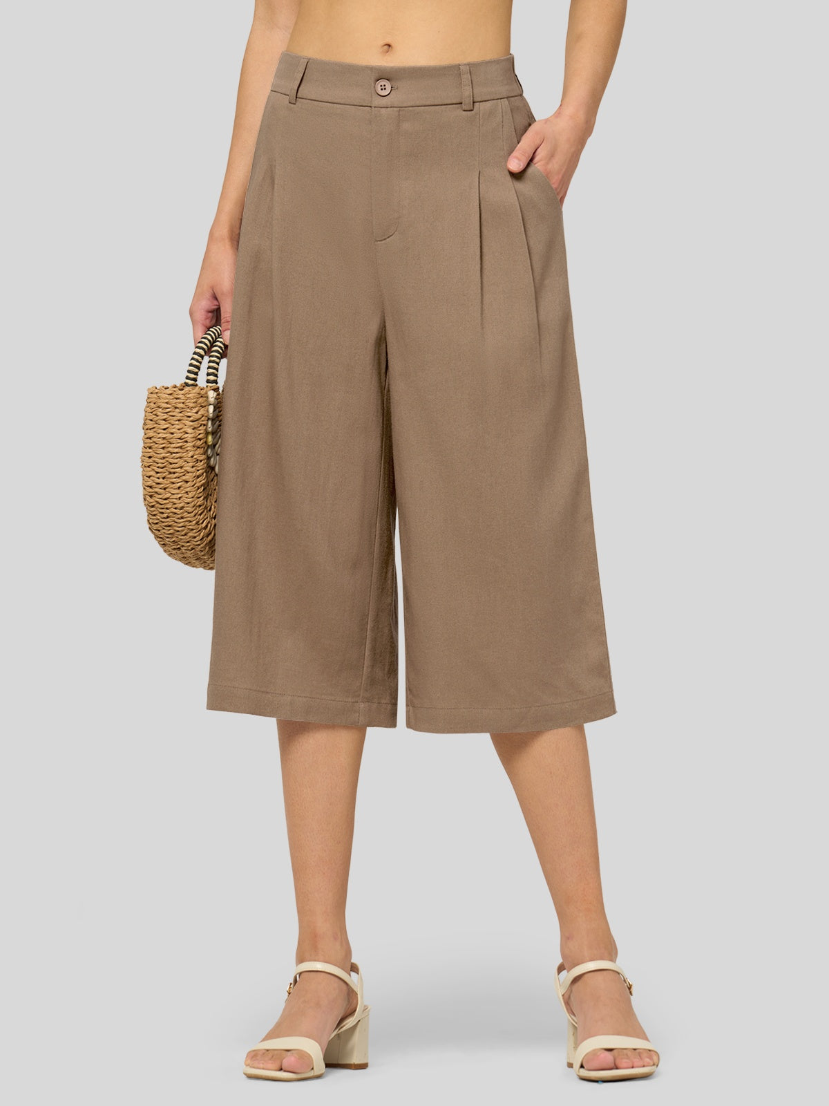 Willit Women's Cotton Linen Pleated Capri 16 Inch_deep khaki