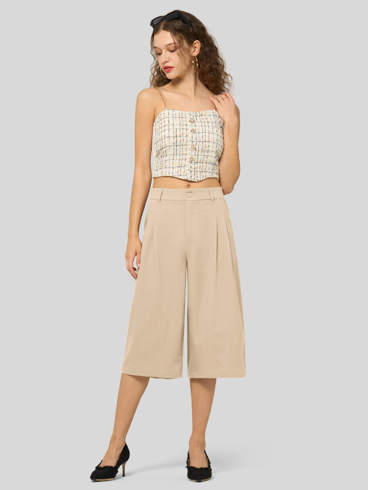 Willit Women's Cotton Linen Pleated Capri 16 Inch_light khaki