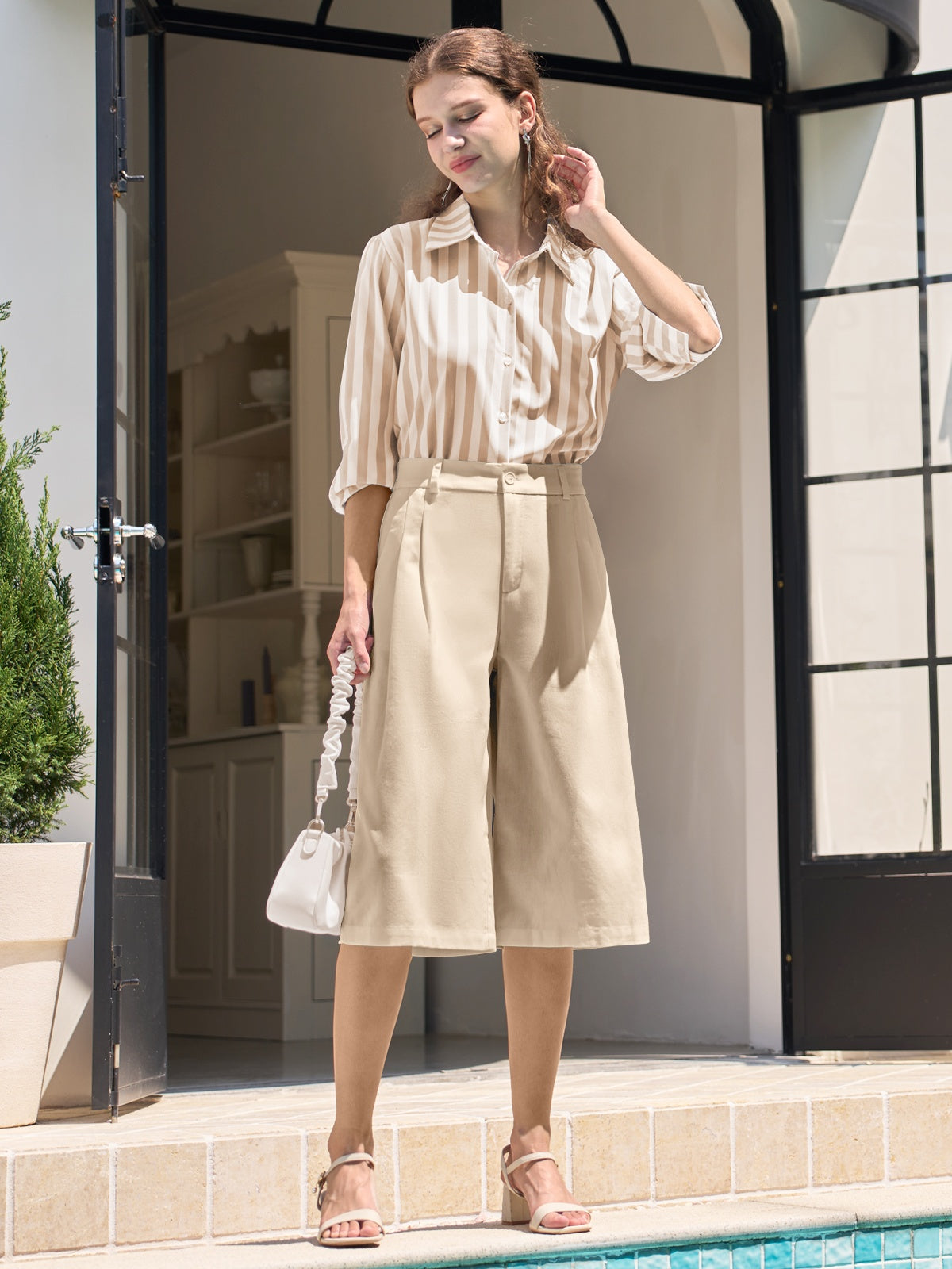 Willit Women's Cotton Linen Pleated Capri 16 Inch_light khaki