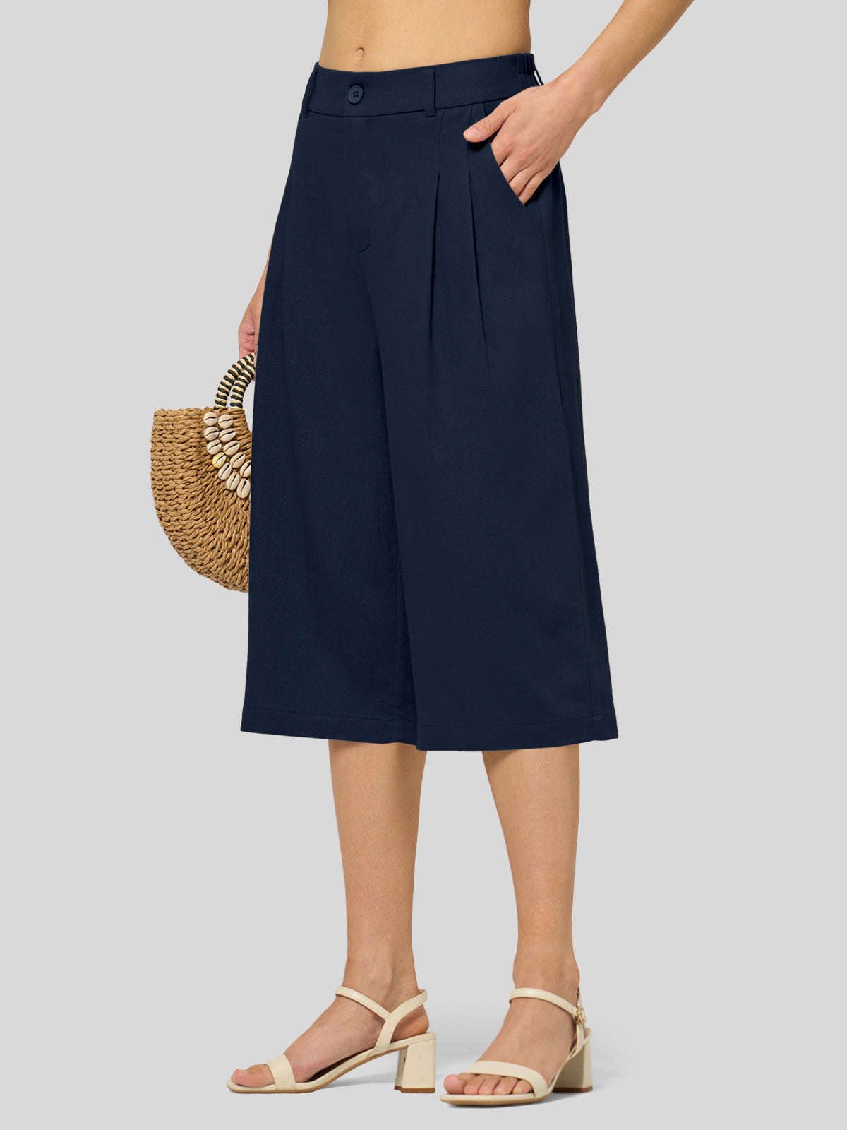 Willit Women's Cotton Linen Pleated Capri 16 Inch_navy