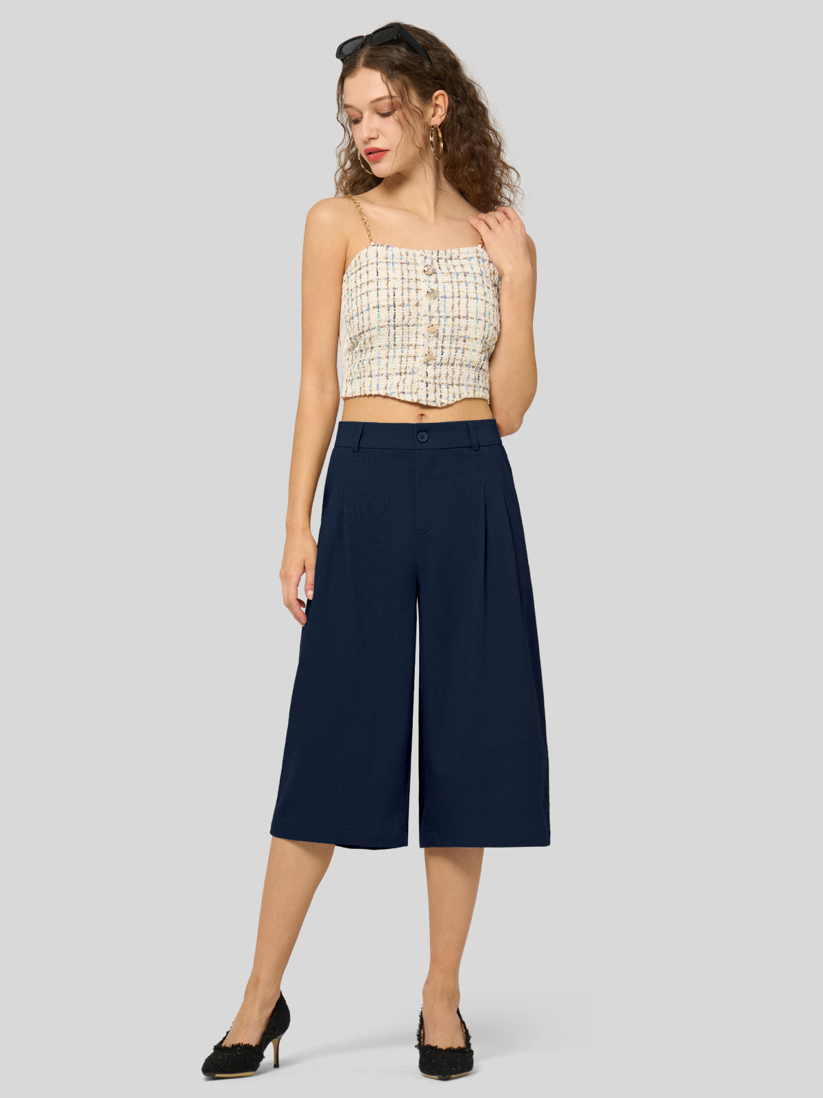 Willit Women's Cotton Linen Pleated Capri 16 Inch_navy