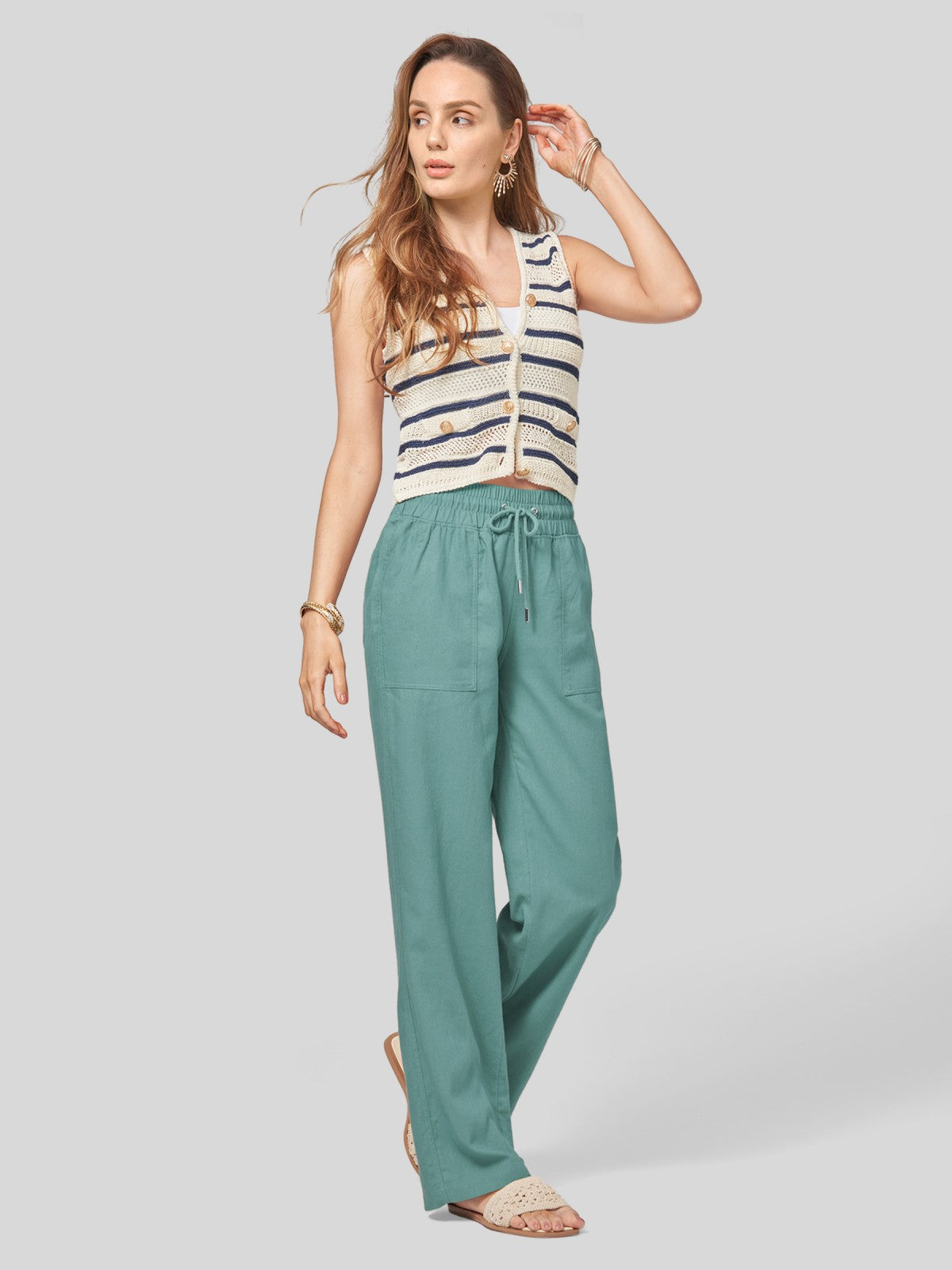 Women's Cotton Linen Wide Leg Pants 31 Inch