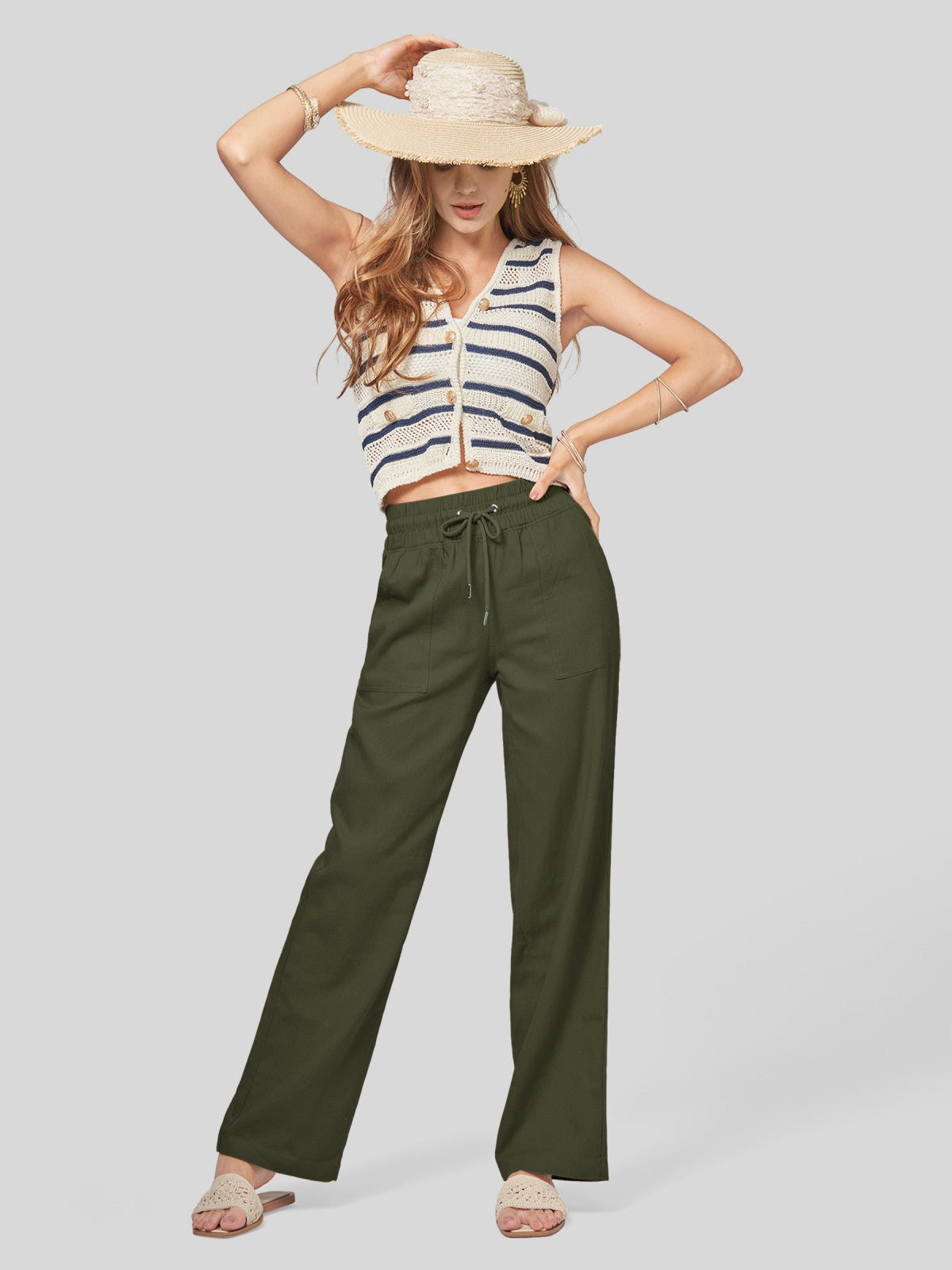 Women's Cotton Linen Wide Leg Pants 31 Inch
