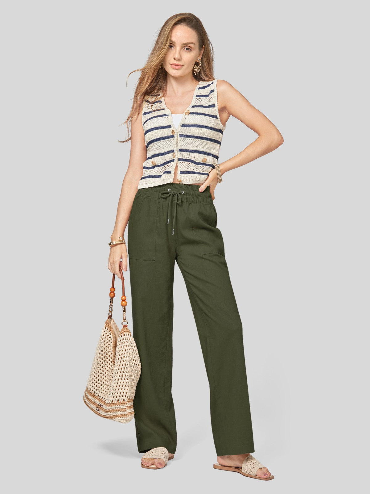 Women's Cotton Linen Wide Leg Pants 33 Inch
