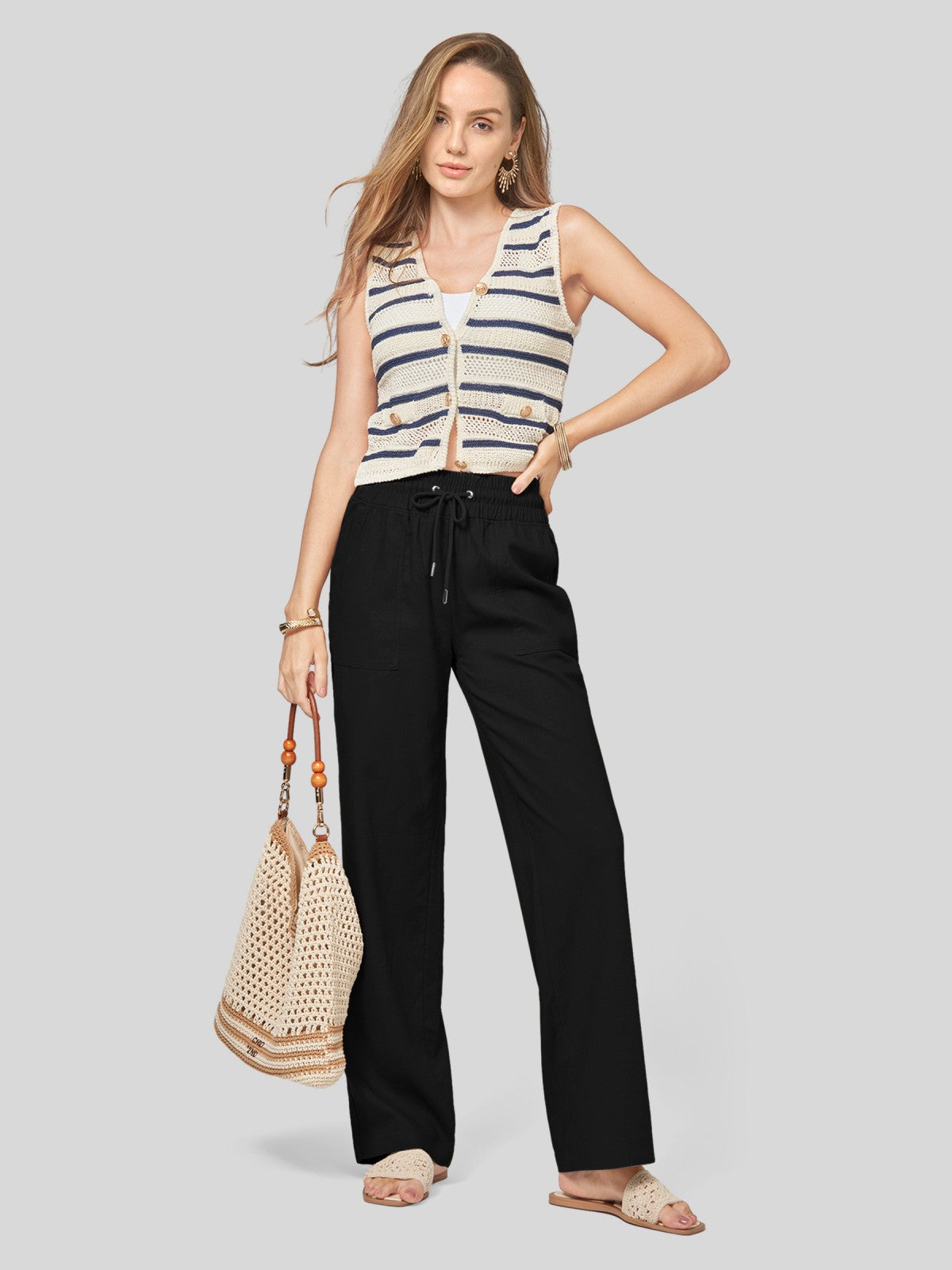 Women's Cotton Linen Wide Leg Pants 31 Inch