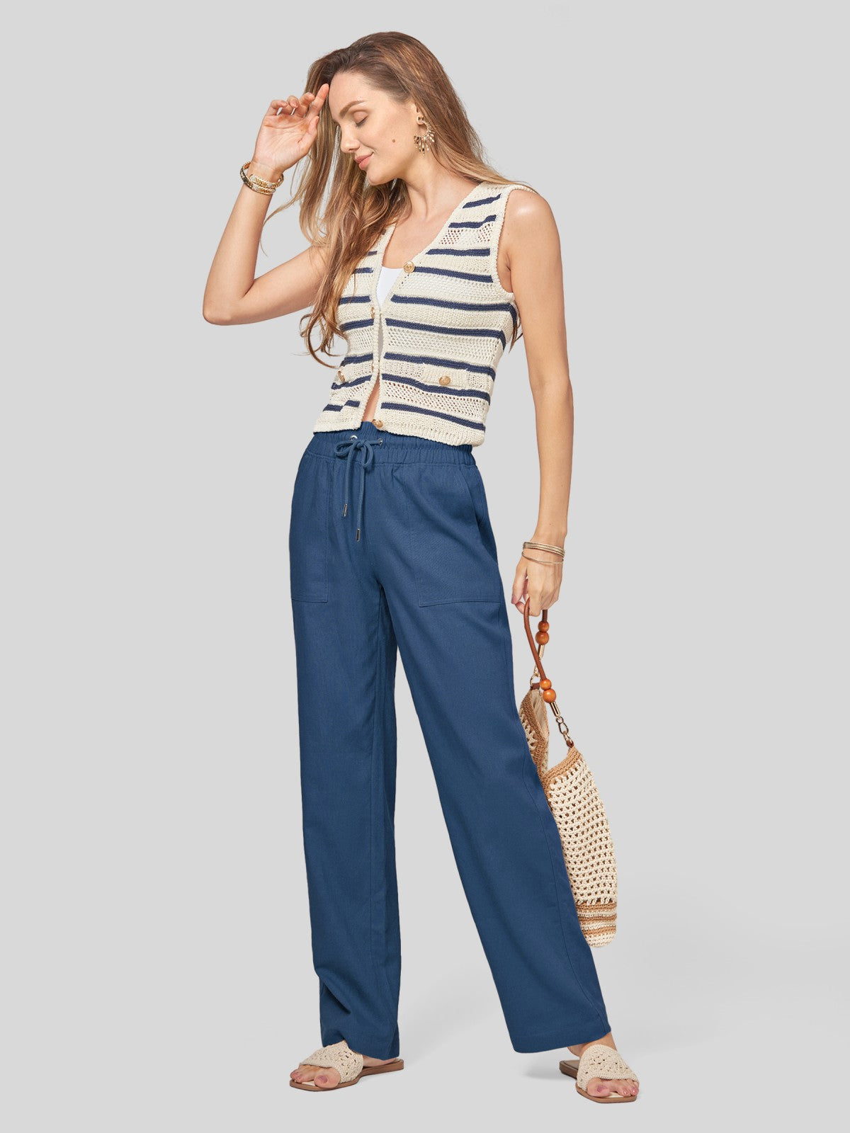 Women's Cotton Linen Wide Leg Pants 31 Inch