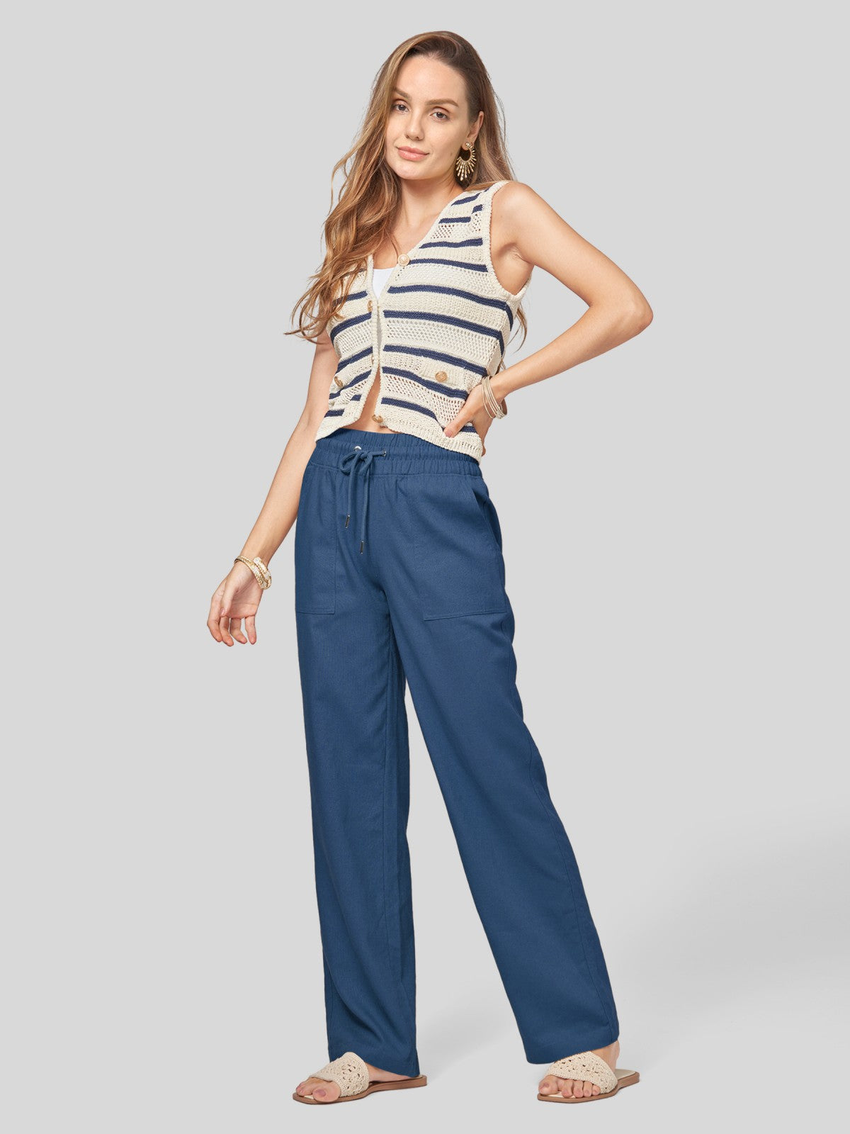 Women's Cotton Linen Wide Leg Pants 33 Inch