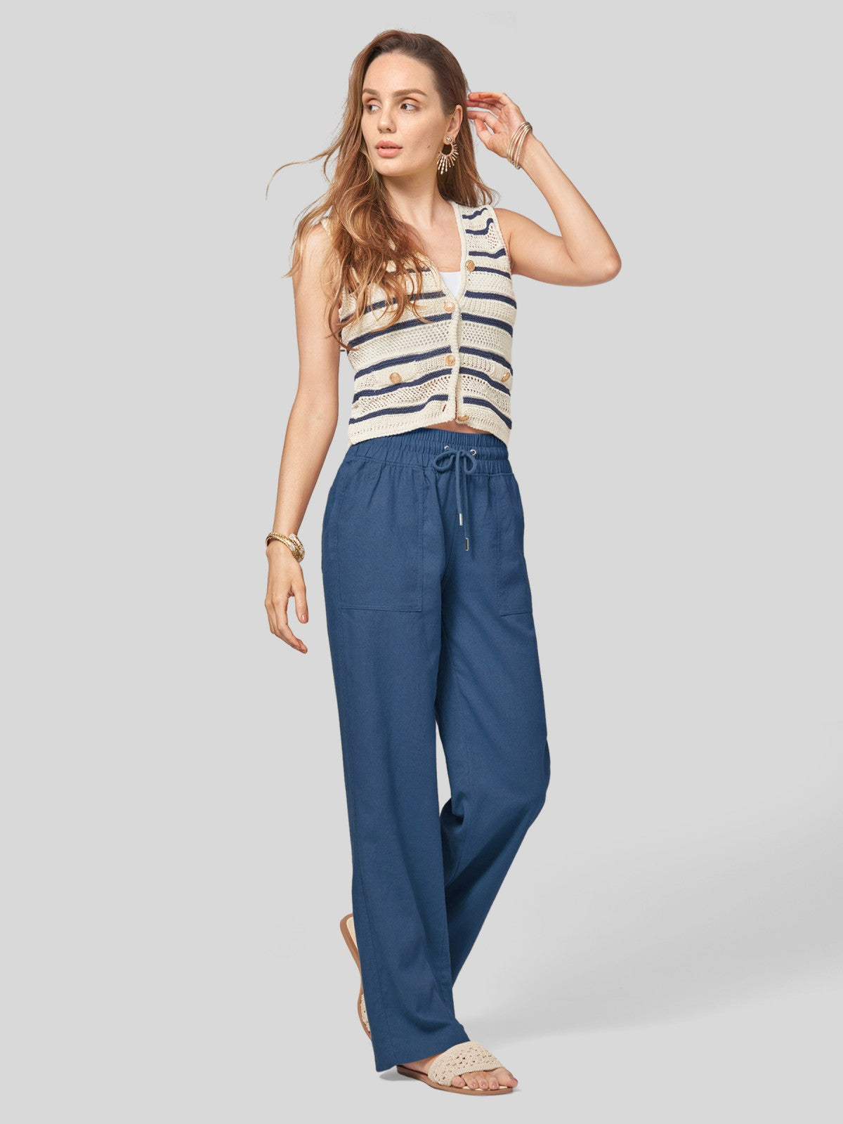 Women's Cotton Linen Wide Leg Pants 29 Inch