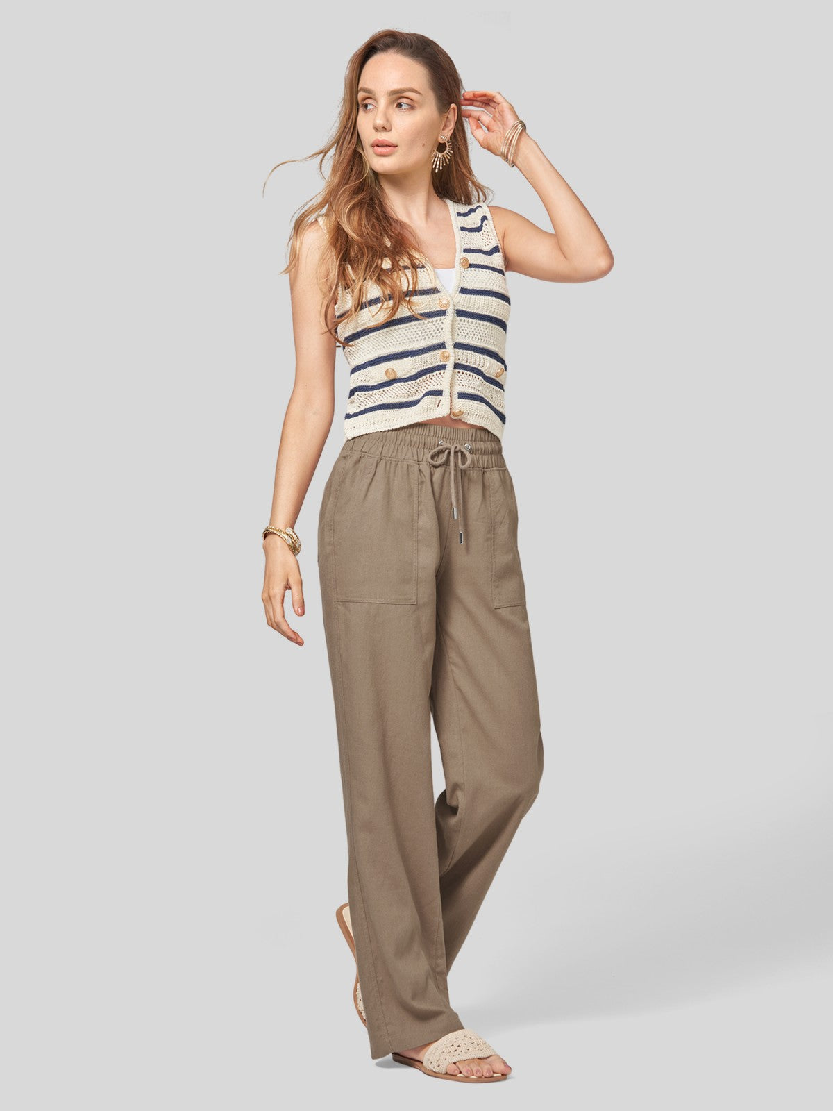Women's Cotton Linen Wide Leg Pants 33 Inch