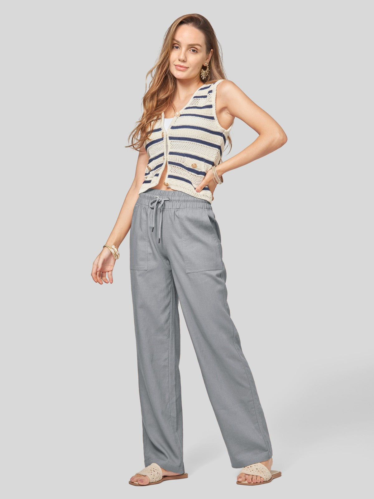 Women's Cotton Linen Wide Leg Pants 31 Inch
