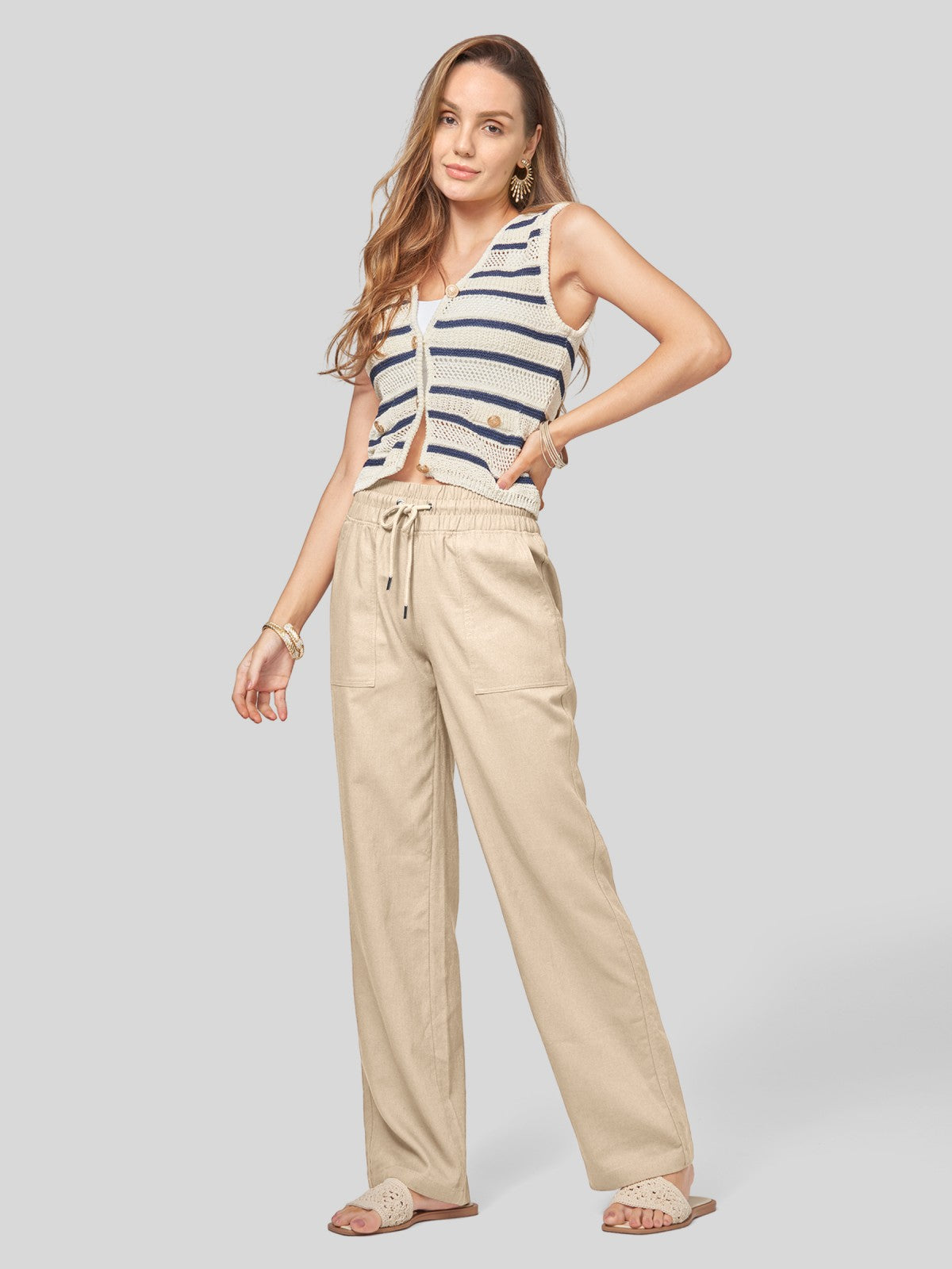 Women's Cotton Linen Wide Leg Pants 29 Inch