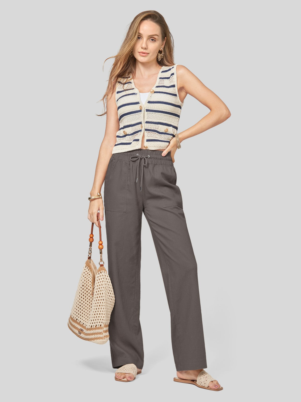 Women's Cotton Linen Wide Leg Pants 31 Inch