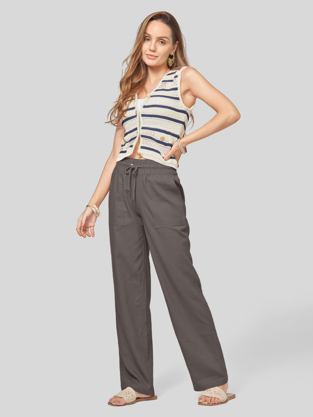 Women's Cotton Linen Wide Leg Pants 33 Inch