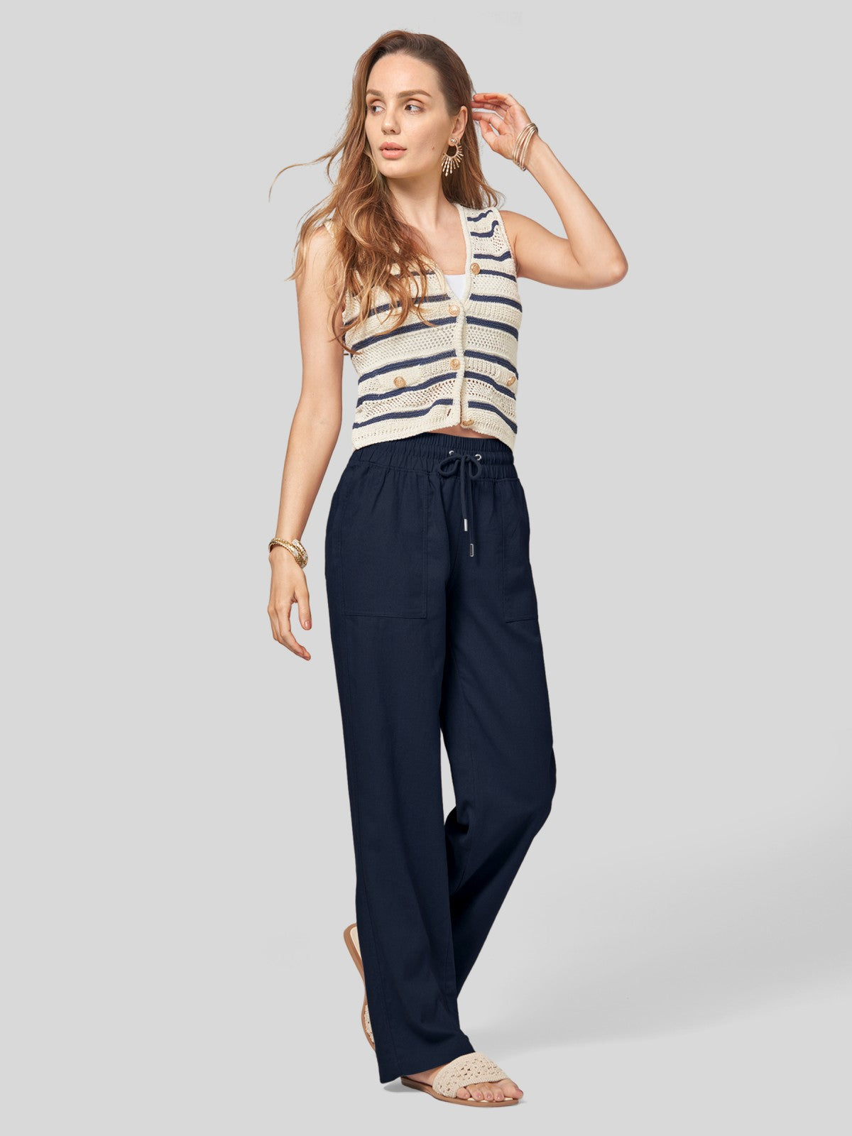 Women's Cotton Linen Wide Leg Pants 31 Inch