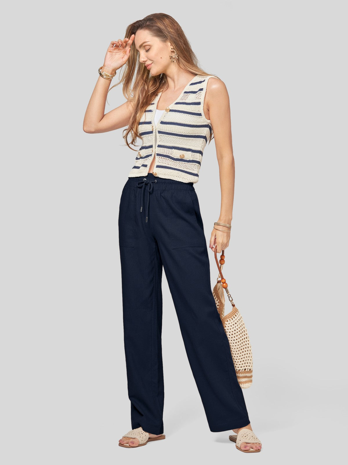 Women's Cotton Linen Wide Leg Pants 31 Inch