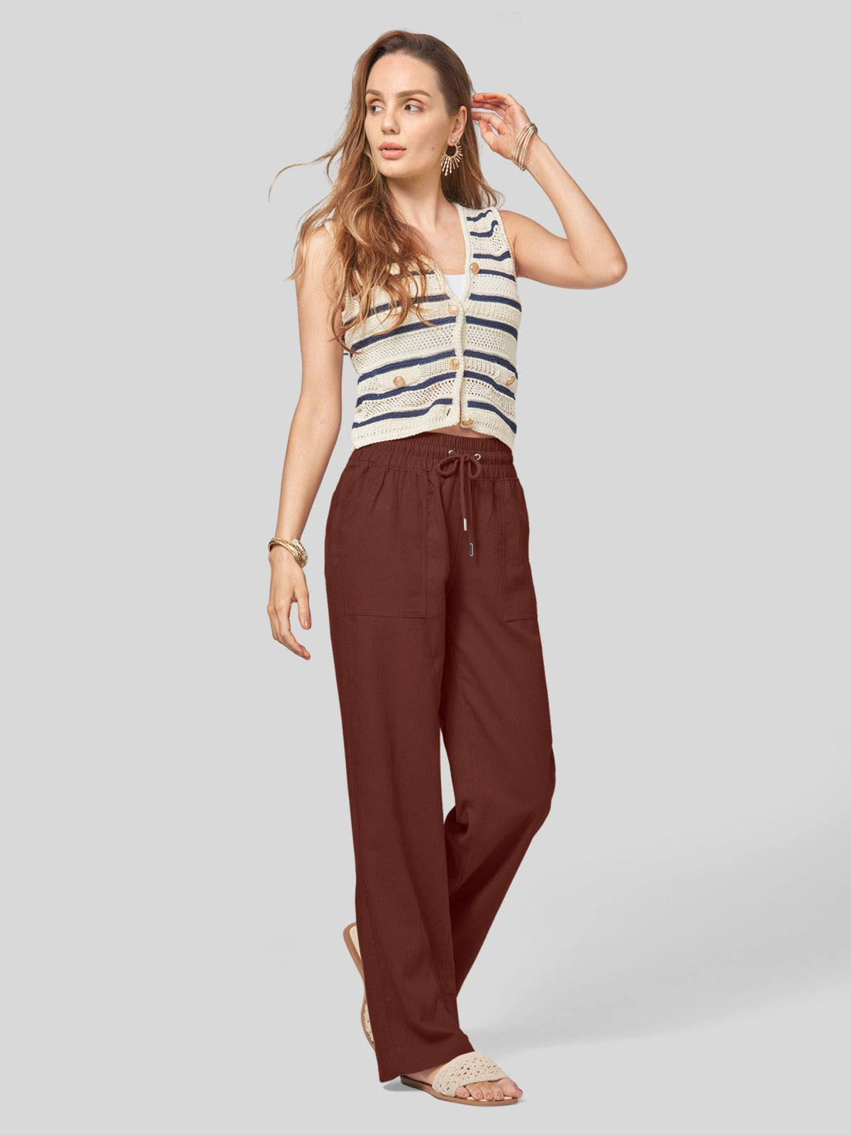 Women's Cotton Linen Wide Leg Pants 33 Inch