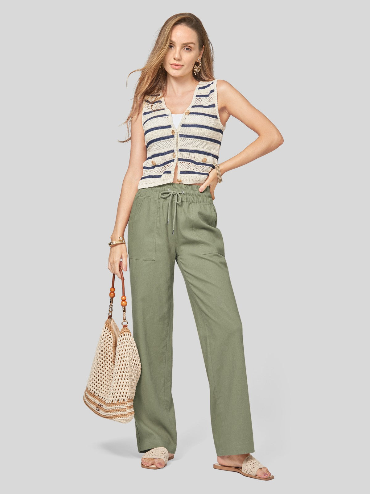 Women's Cotton Linen Wide Leg Pants 29 Inch