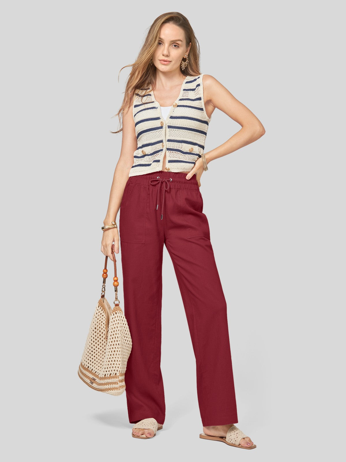 Women's Cotton Linen Wide Leg Pants 31 Inch