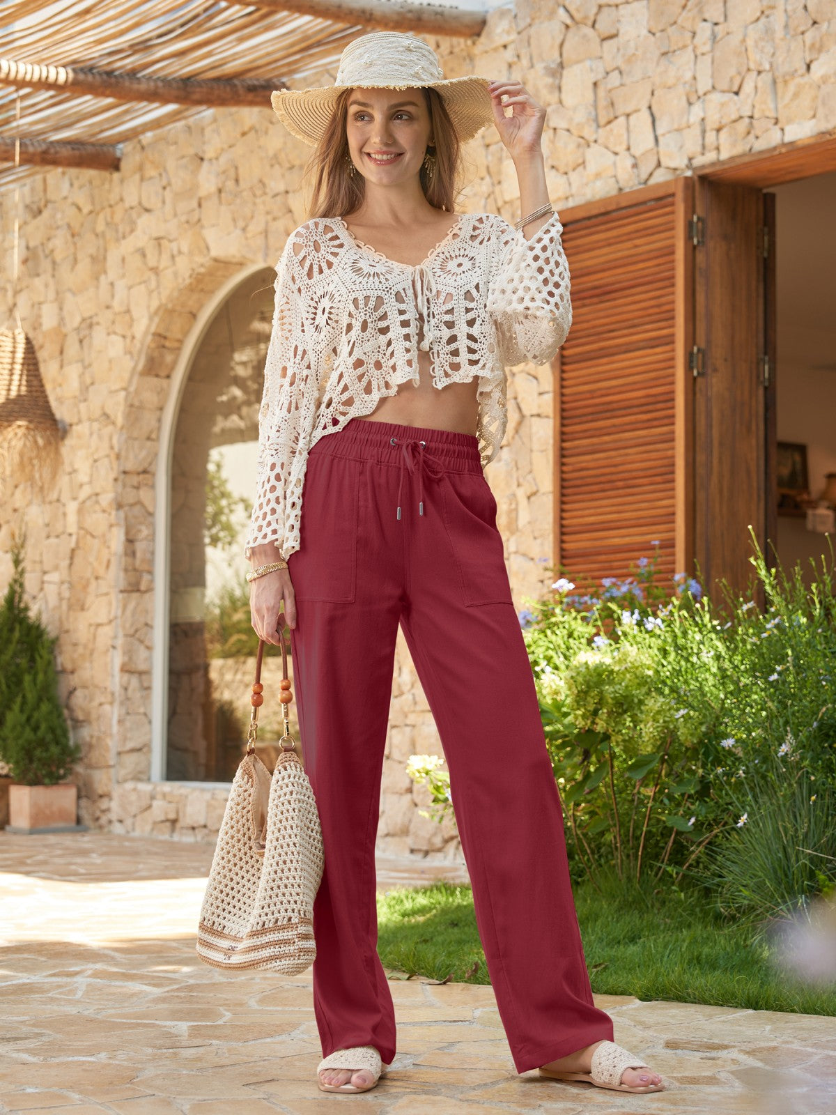 Women's Cotton Linen Wide Leg Pants 29 Inch