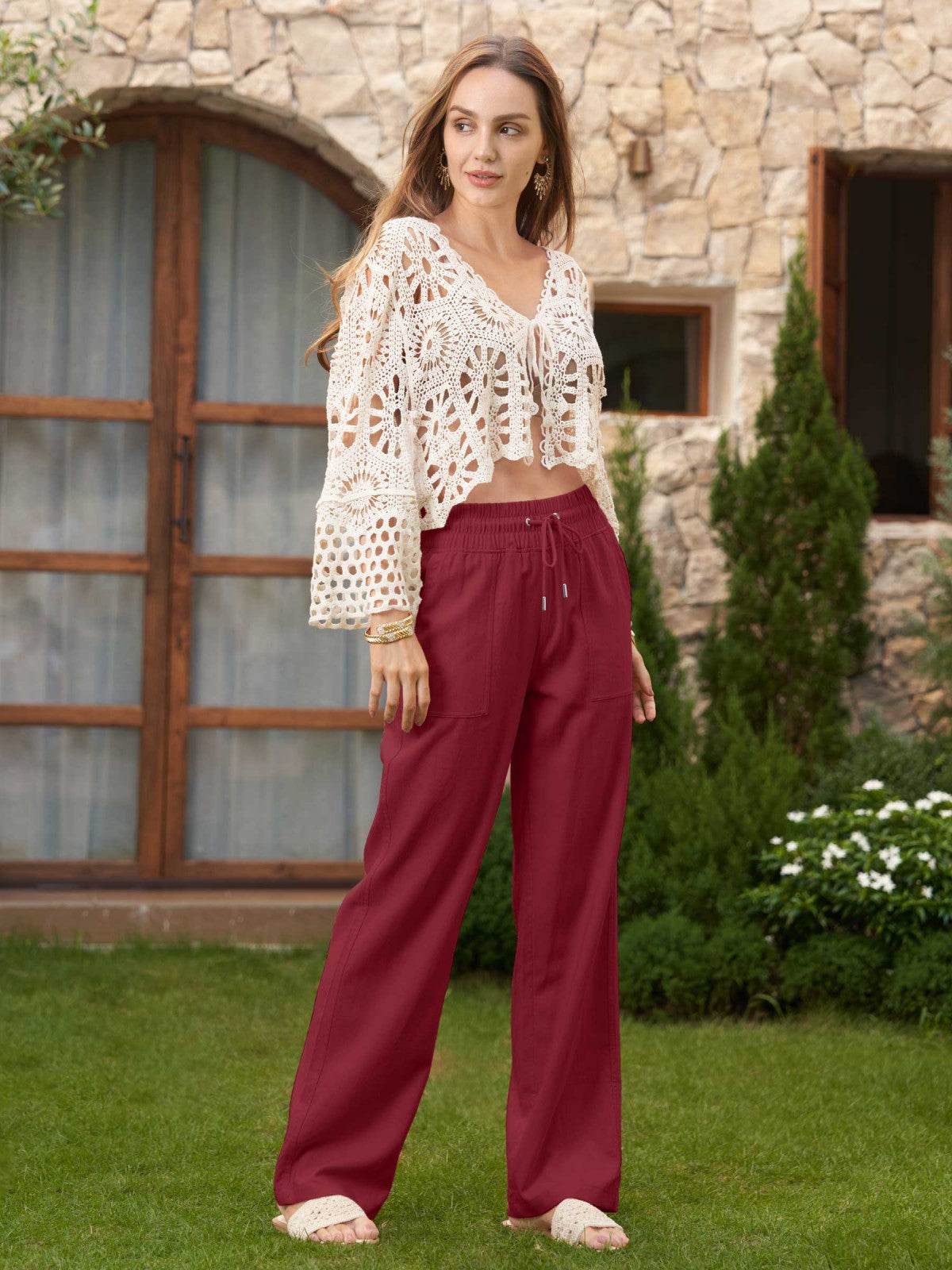 Women's Cotton Linen Wide Leg Pants 31 Inch