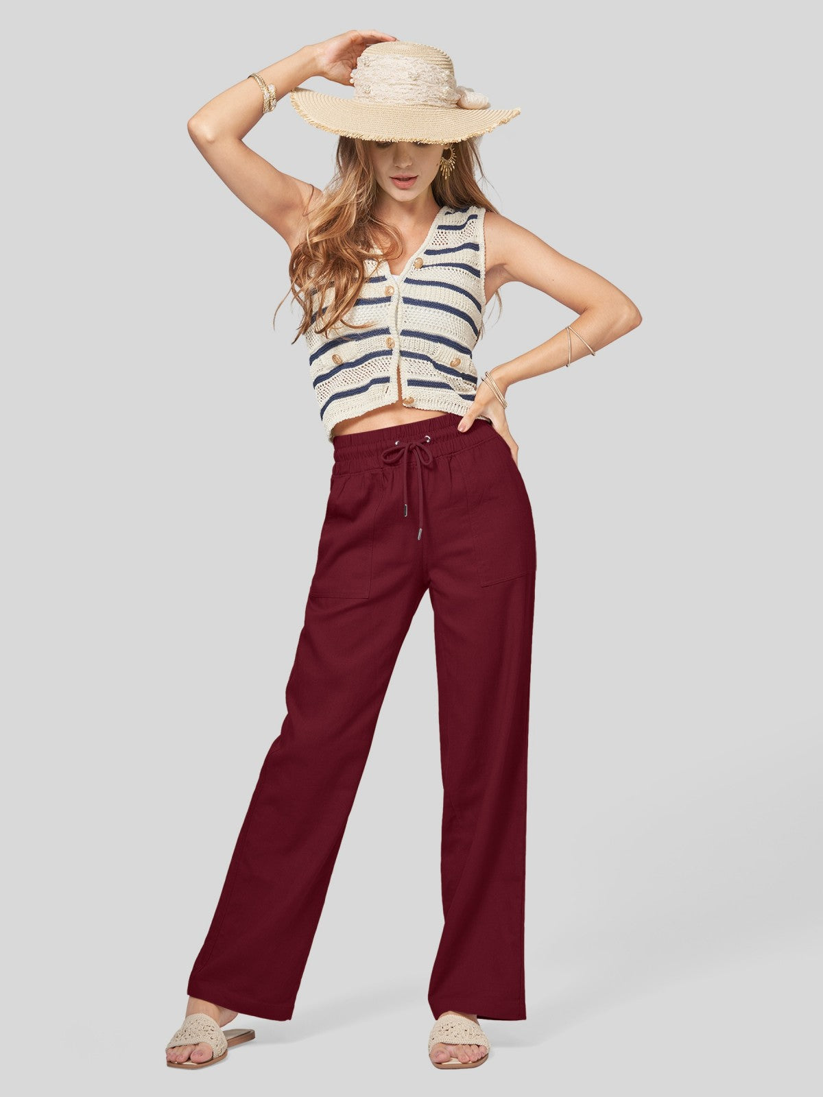 Women's Cotton Linen Wide Leg Pants 33 Inch