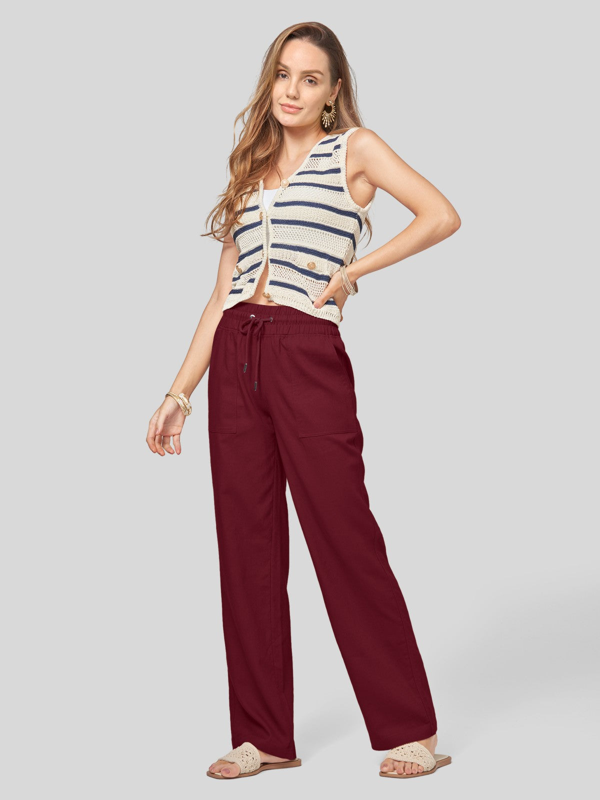 Women's Cotton Linen Wide Leg Pants 31 Inch
