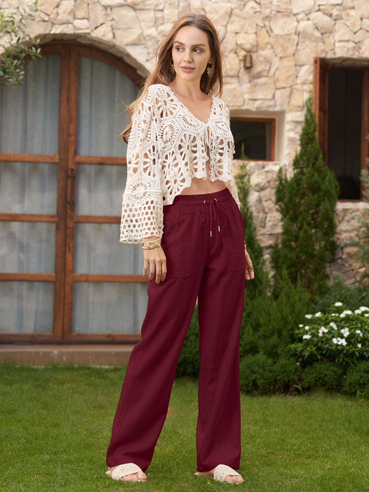 Women's Cotton Linen Wide Leg Pants 31 Inch