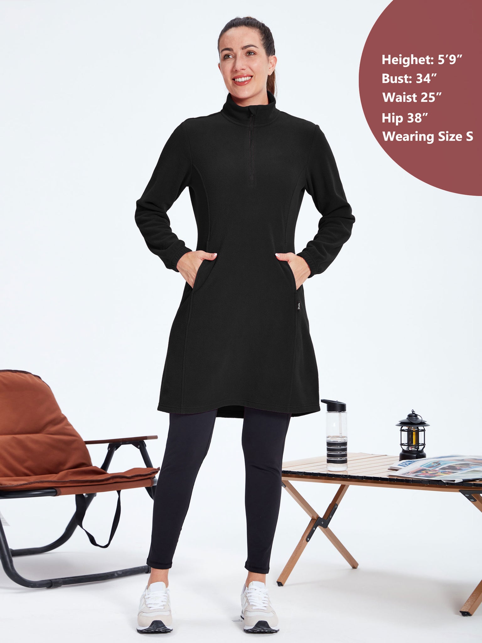 Women's Fleece Long-Sleeve Turtleneck Dress Black4