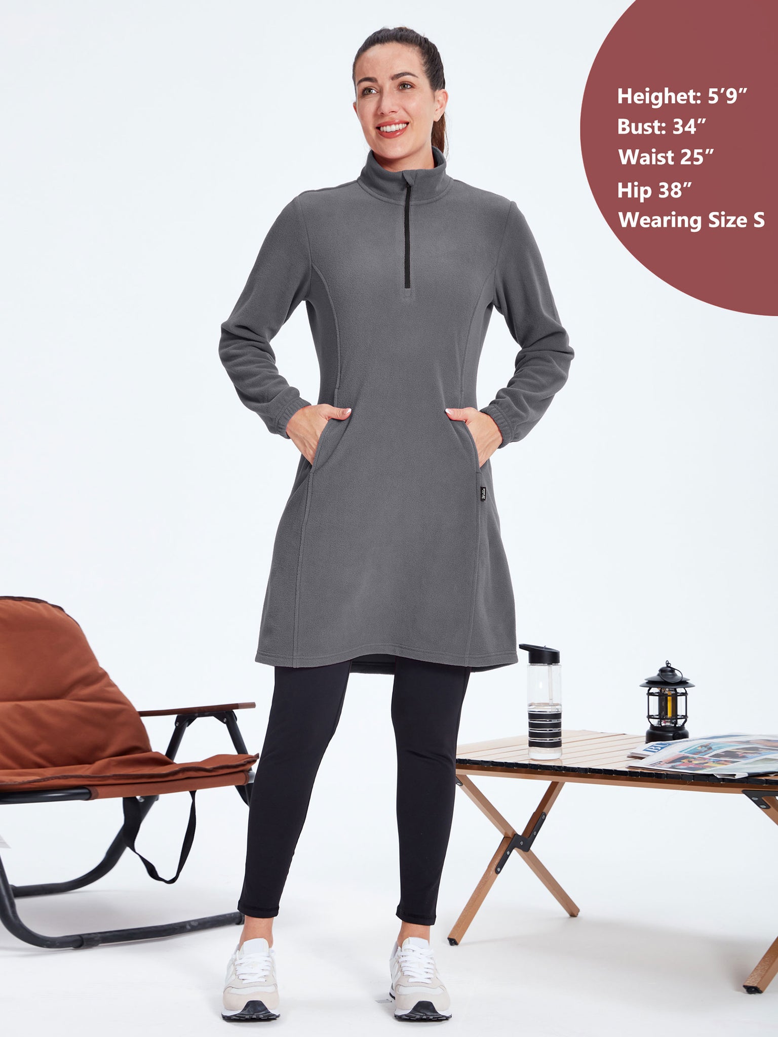 Women's Fleece Long-Sleeve Turtleneck Dress DeepGray3