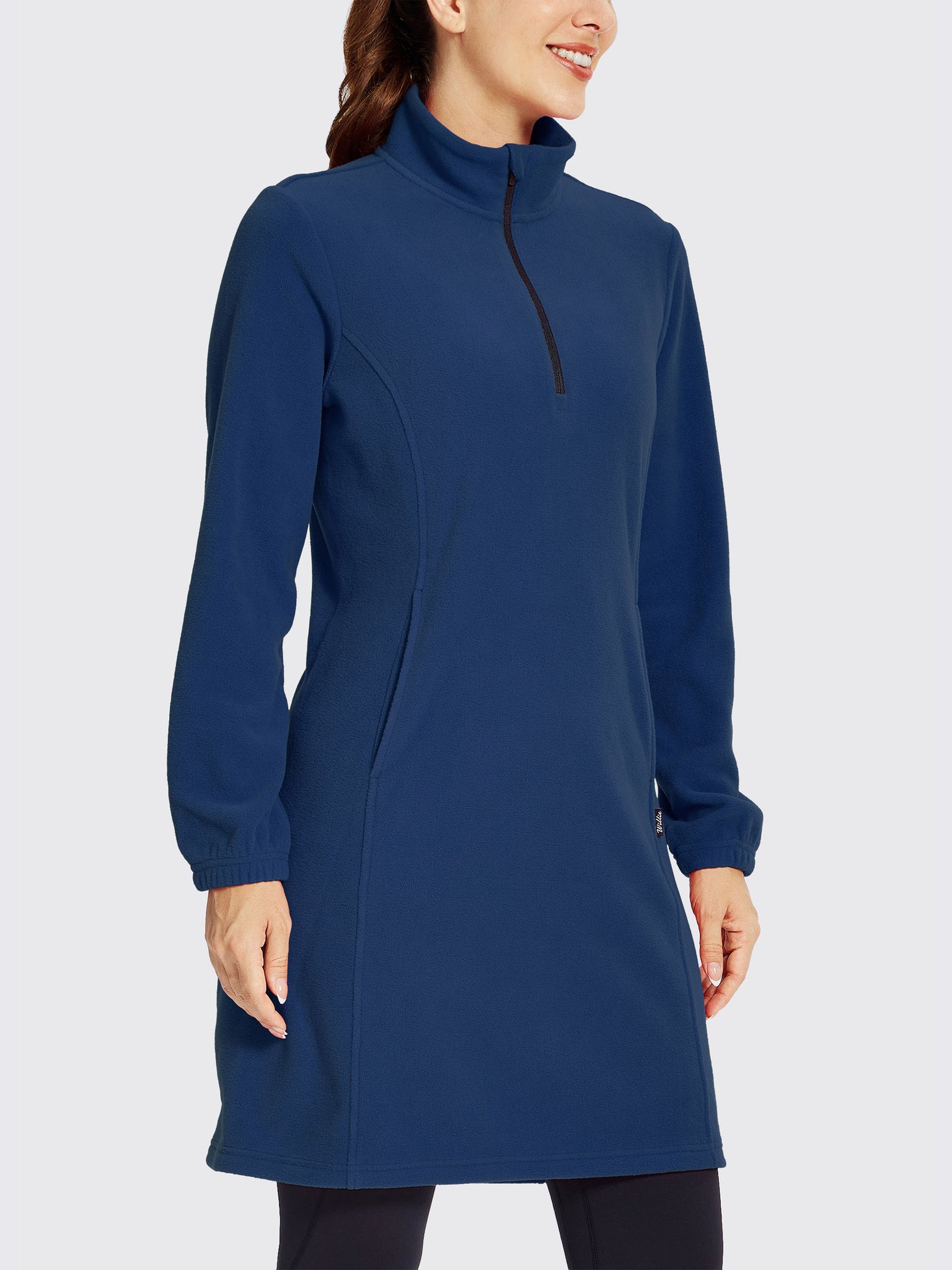 Women's Fleece Long-Sleeve Turtleneck Dress Navy1