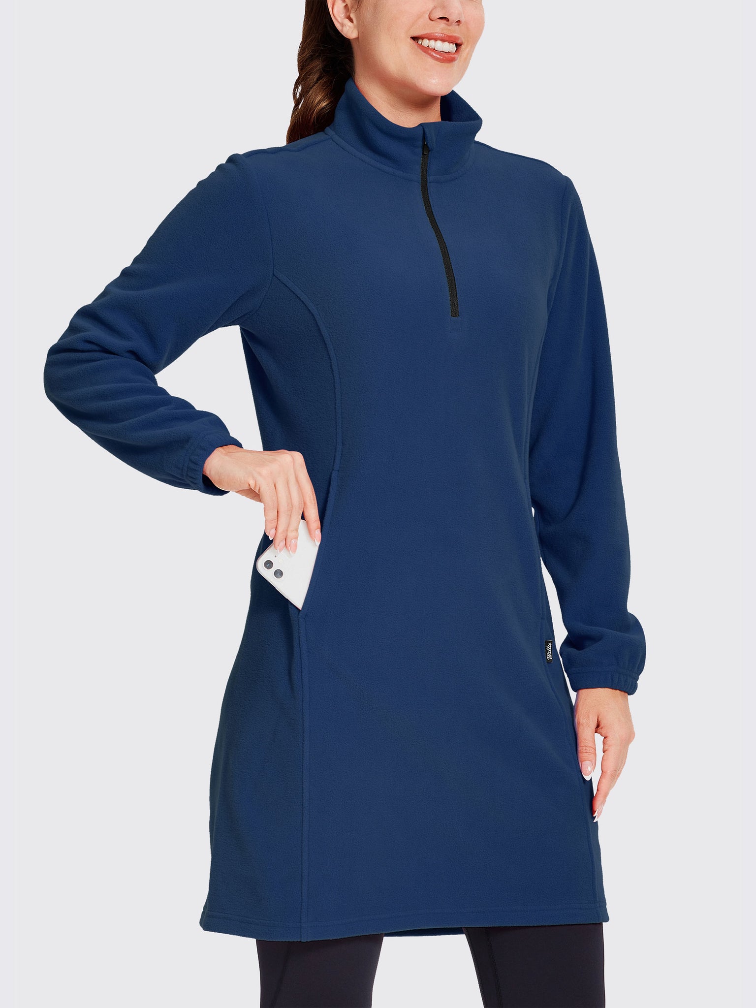 Women's Fleece Long-Sleeve Turtleneck Dress Navy2