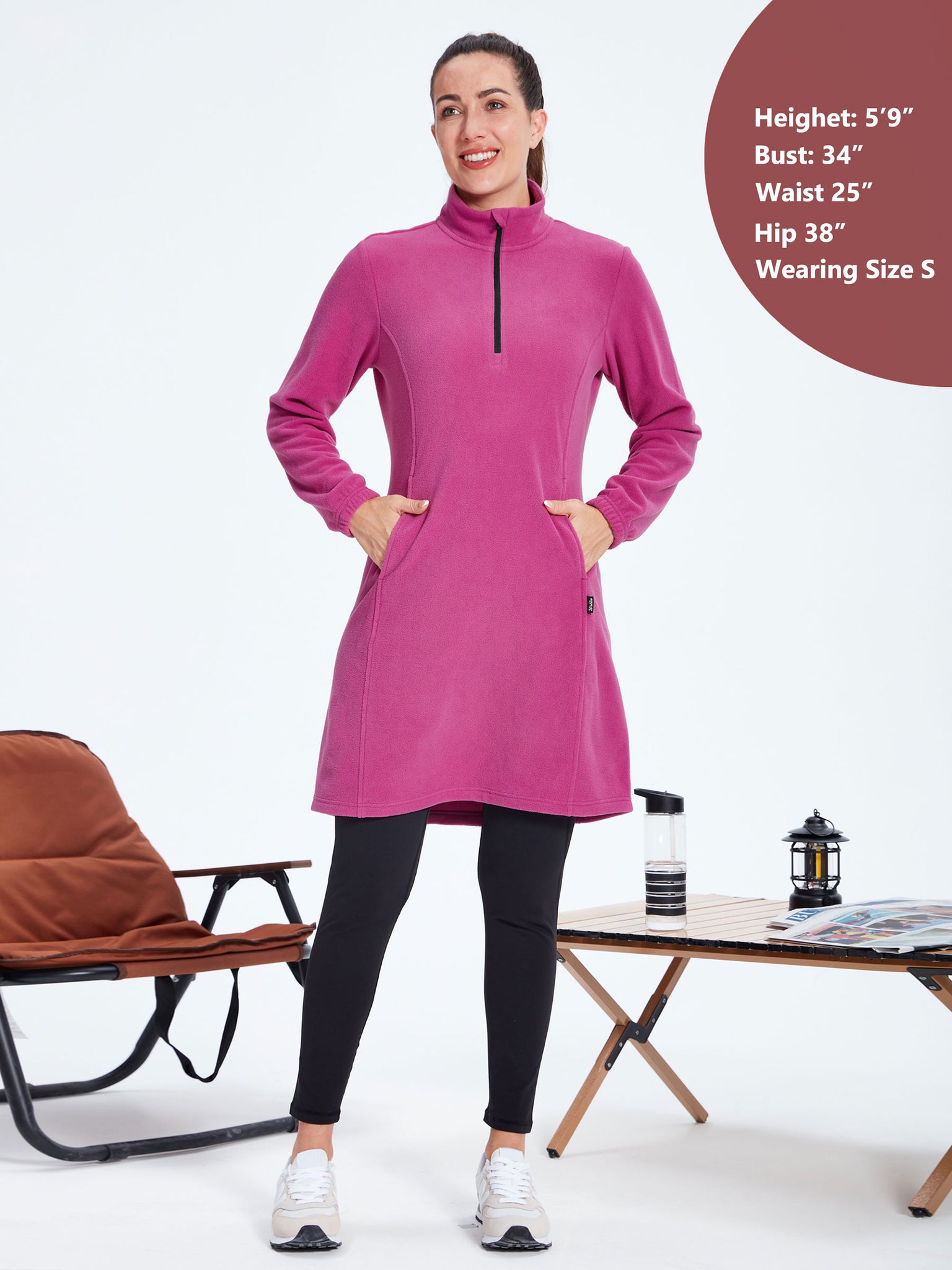 Women's Fleece Long-Sleeve Turtleneck Dress RosePink4