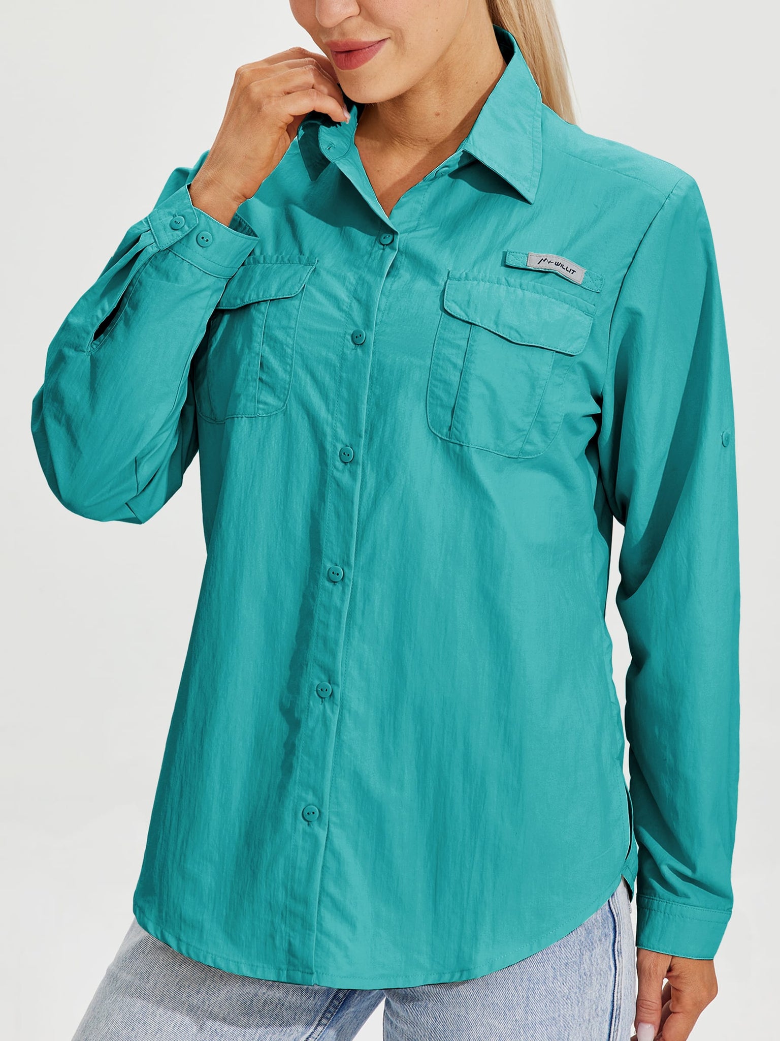 Women's Long Sleeve Fishing Shirt_Teal_model1