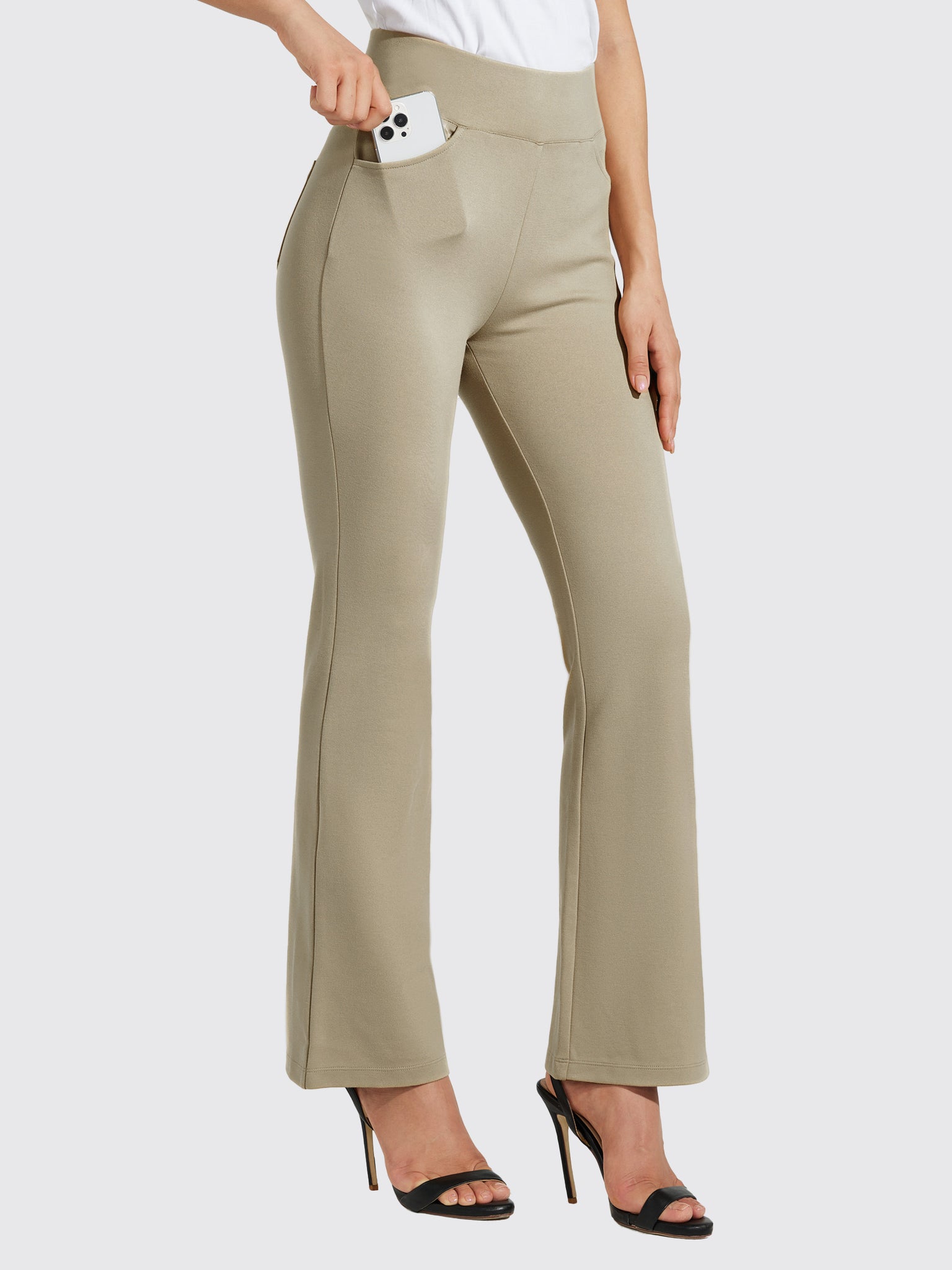 Women's Pull-On Slim Bootcut Pants_LightKhaki_model2