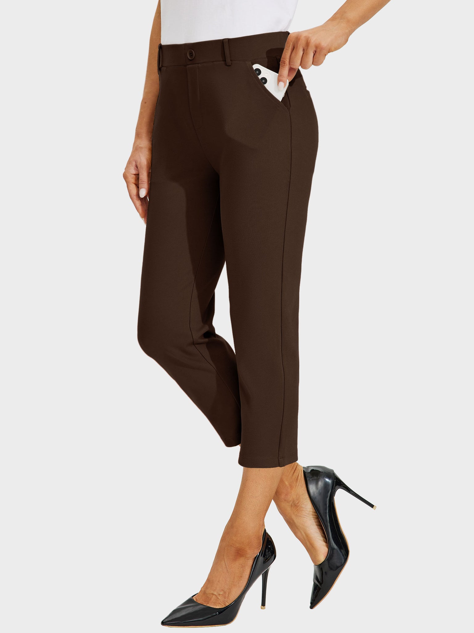 Women's Stretch Capri Yoga Dress Pants_Brown_model5