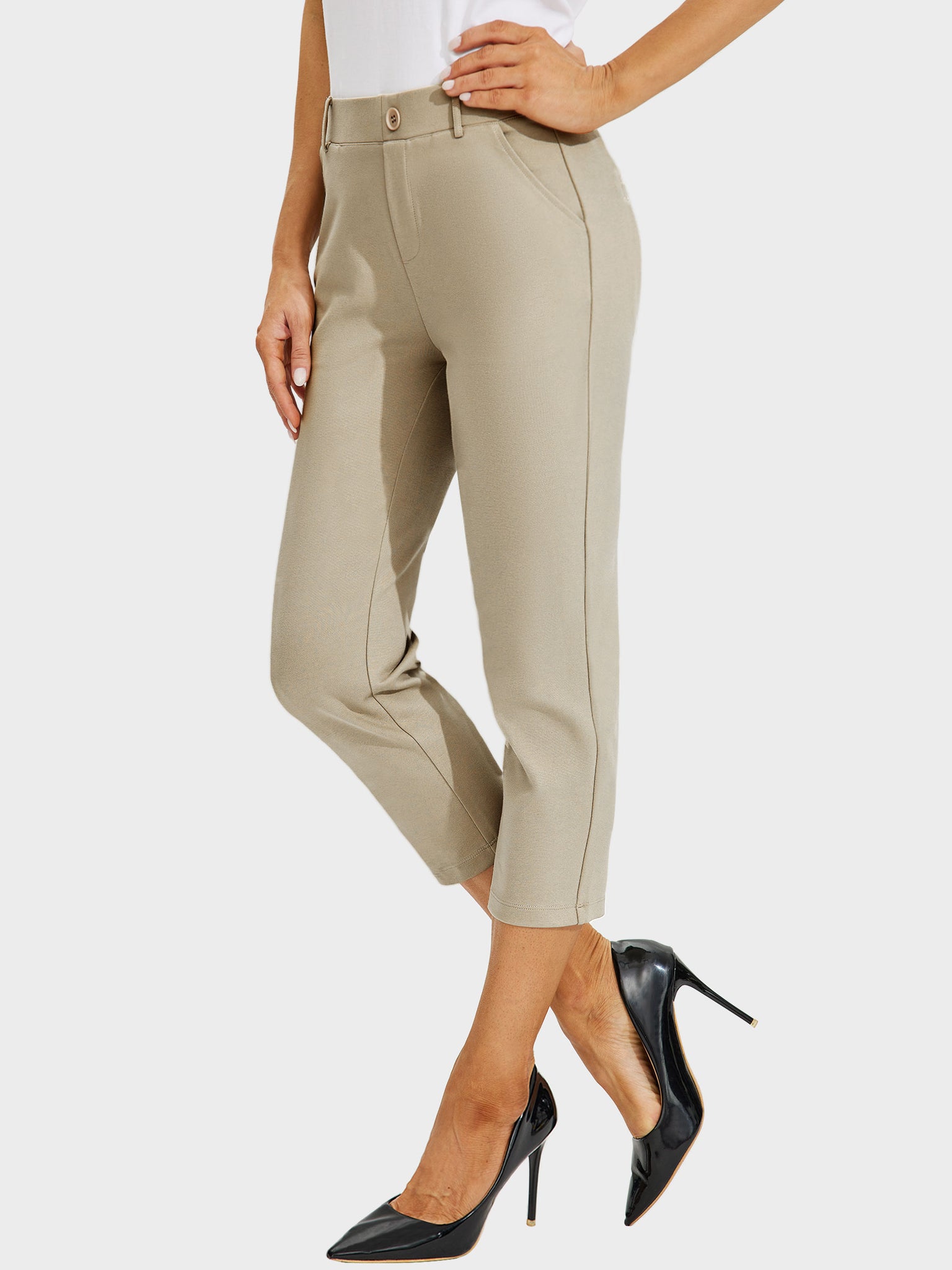 Women's Stretch Capri Yoga Dress Pants_Khaki_model1