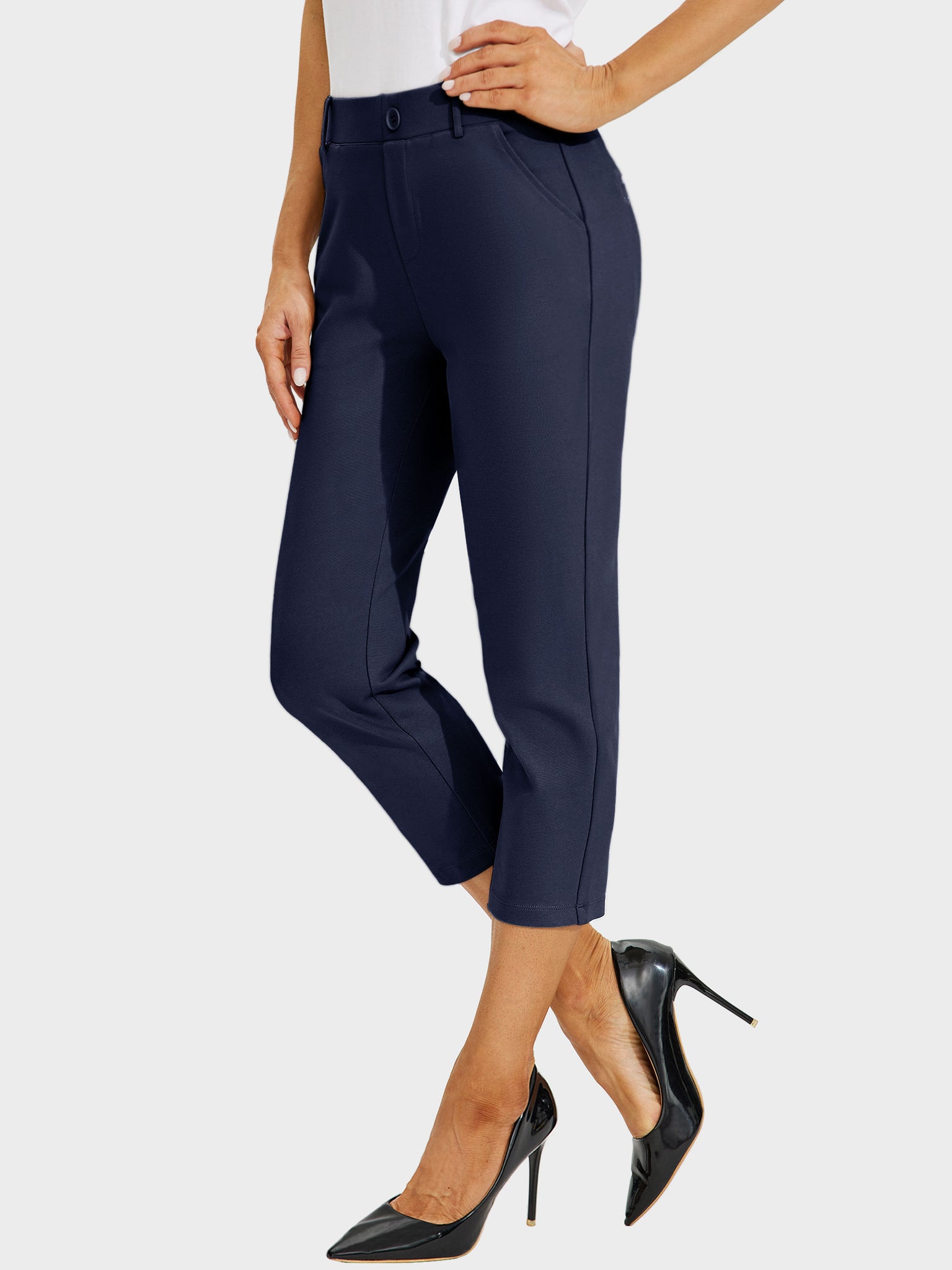 Women's Stretch Capri Yoga Dress Pants_Navy_model1