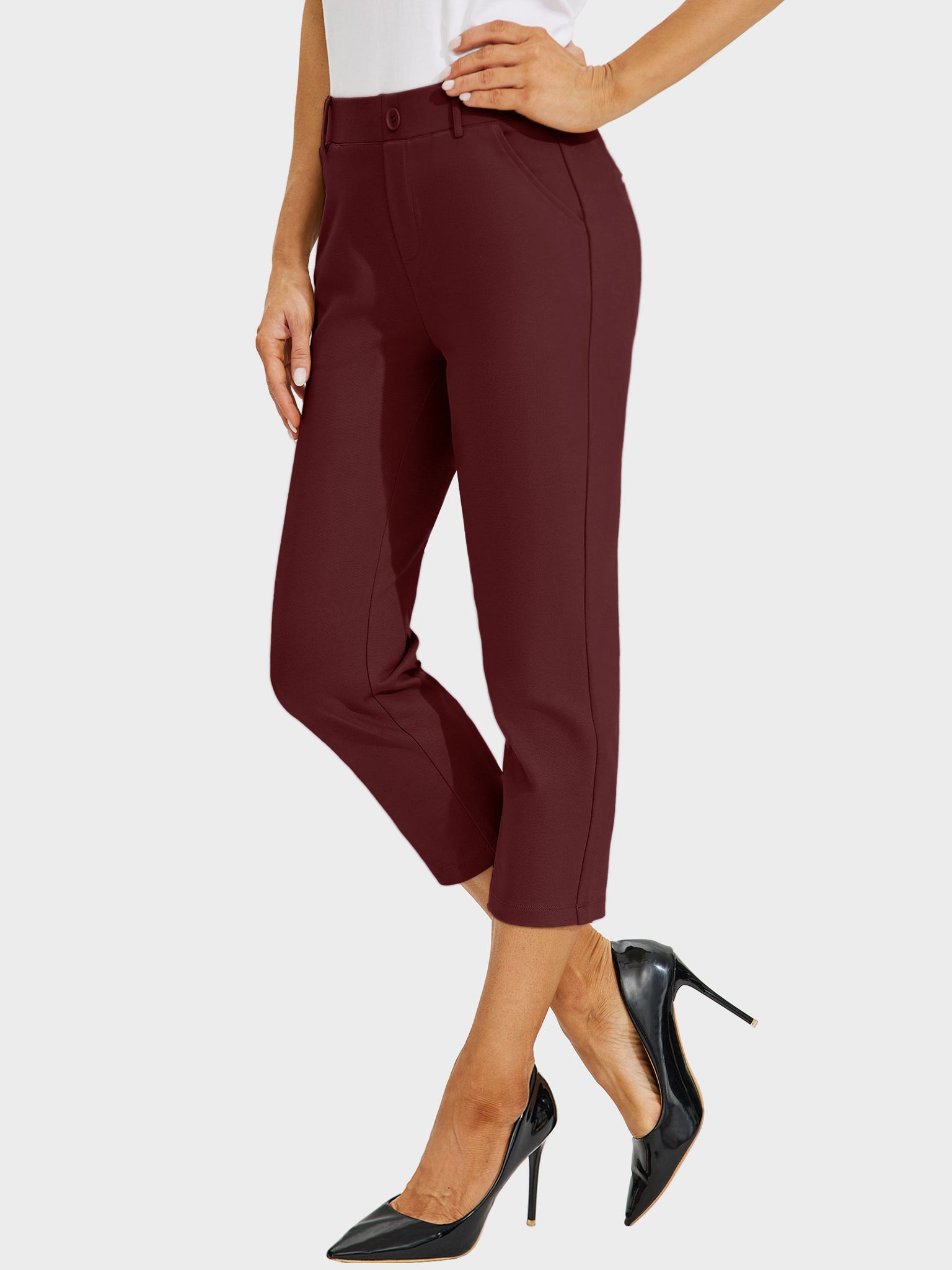 Women's Stretch Capri Yoga Dress Pants_Wine_model2